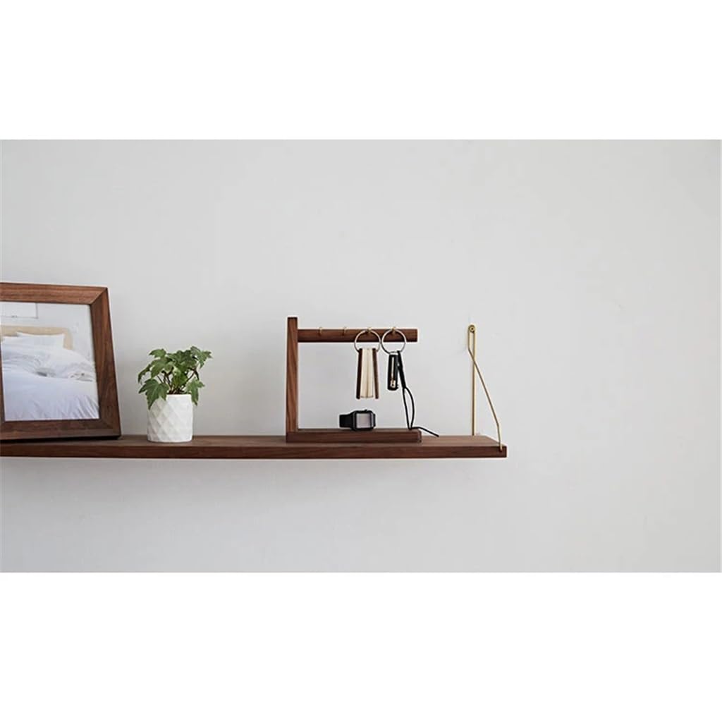 Wooden Key Holder with Brass Hooks & Phone Shelf