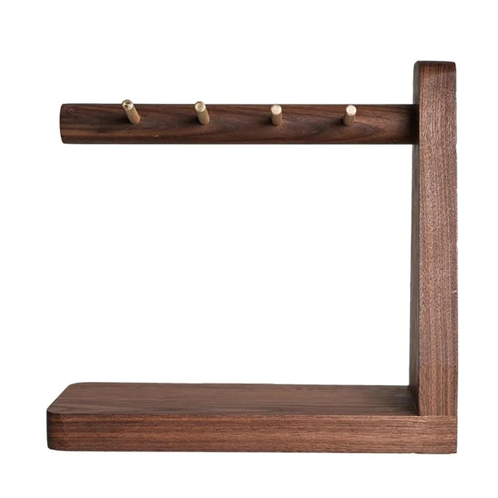 Wooden Key Holder with Brass Hooks & Phone Shelf