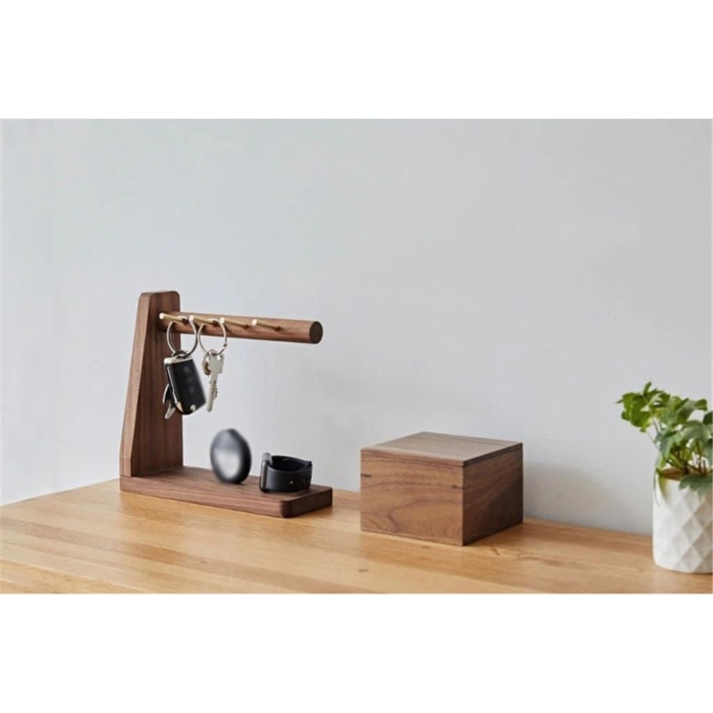 Wooden Key Holder with Brass Hooks & Phone Shelf