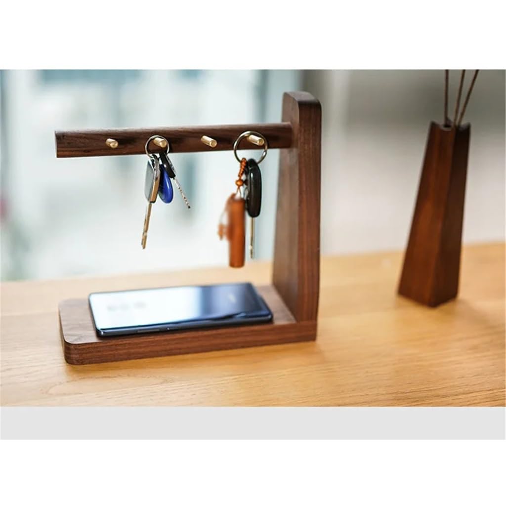 Wooden Key Holder with Brass Hooks & Phone Shelf
