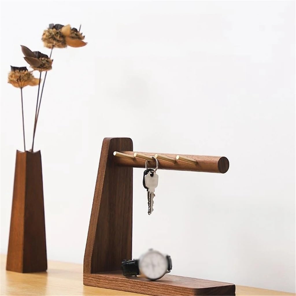 Wooden Key Holder with Brass Hooks & Phone Shelf