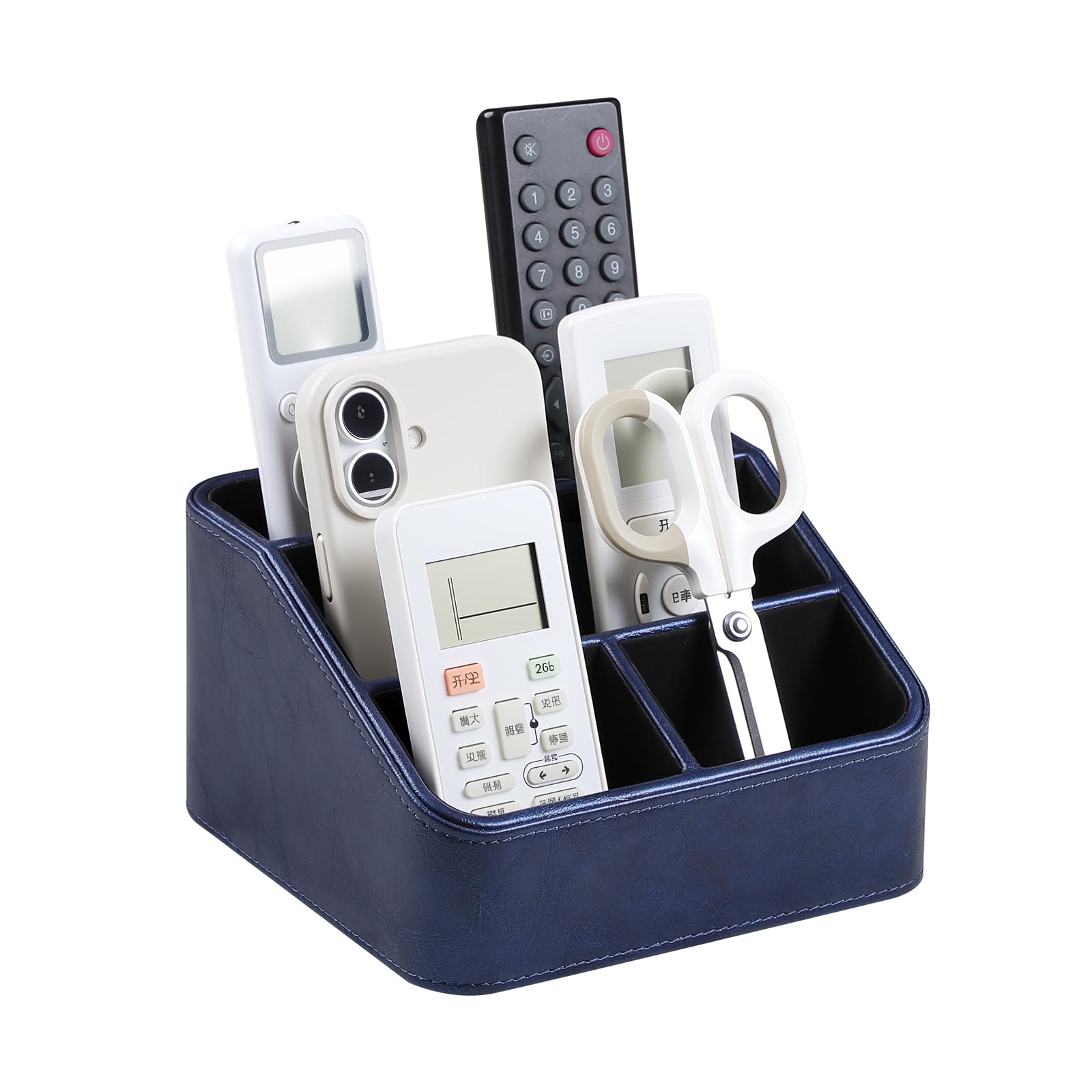 PU Leather Remote Control Holder, Nightstand Organizer with 4 Compartments
