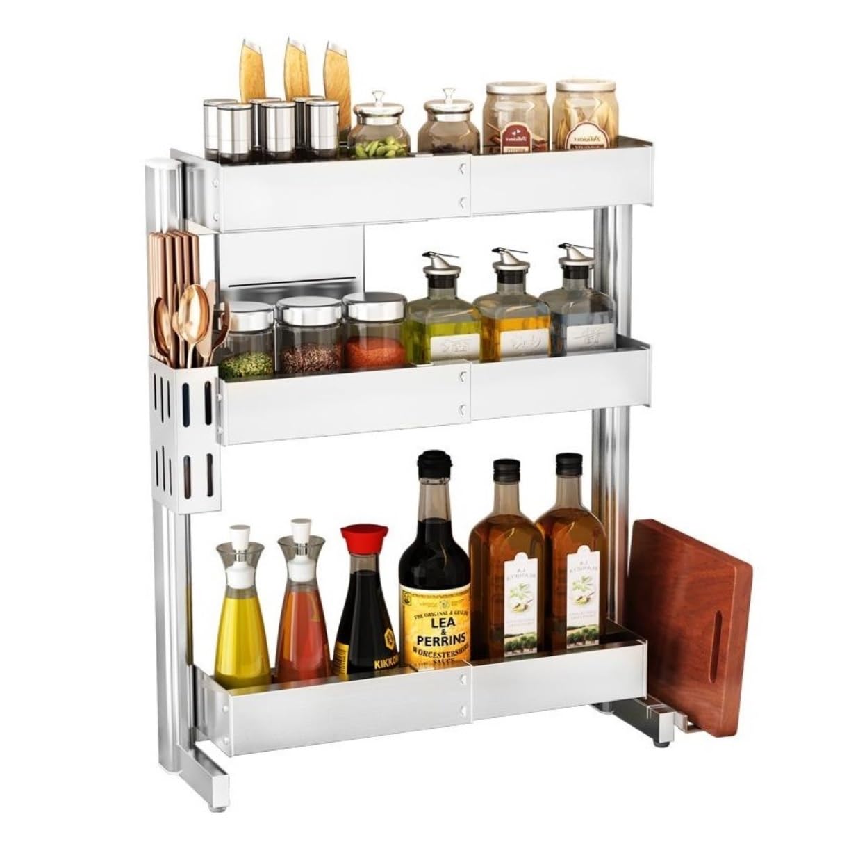 3-Tier Retractable Spice Rack with Cutting Board Holder
