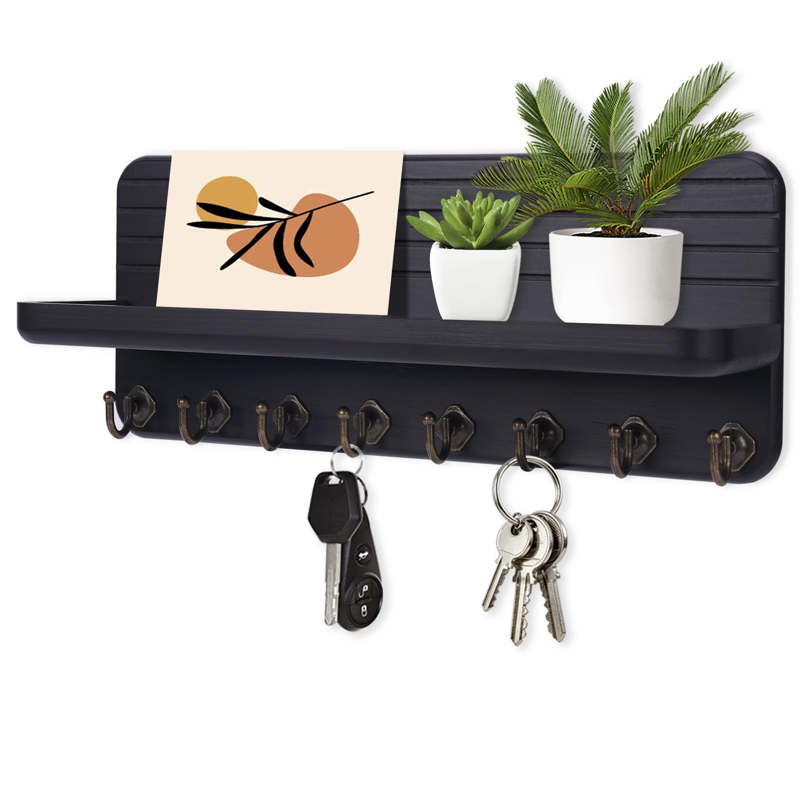 Wall-Mounted Wooden Key & Mail Organizer with 8 Hooks
