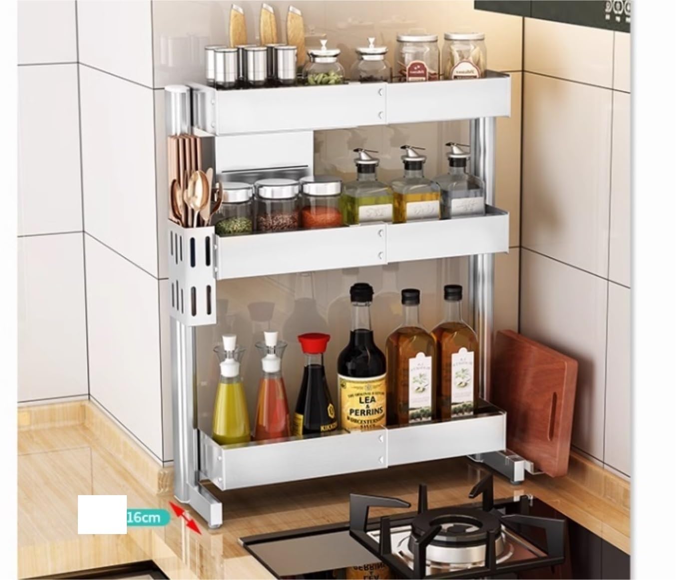 3-Tier Retractable Spice Rack with Cutting Board Holder