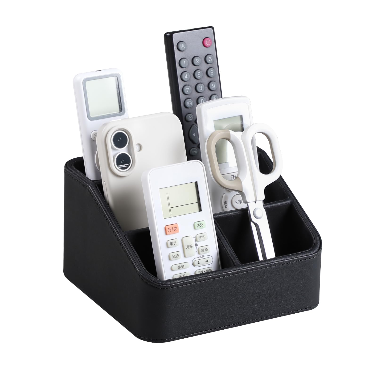 PU Leather Remote Control Holder, Nightstand Organizer with 4 Compartments