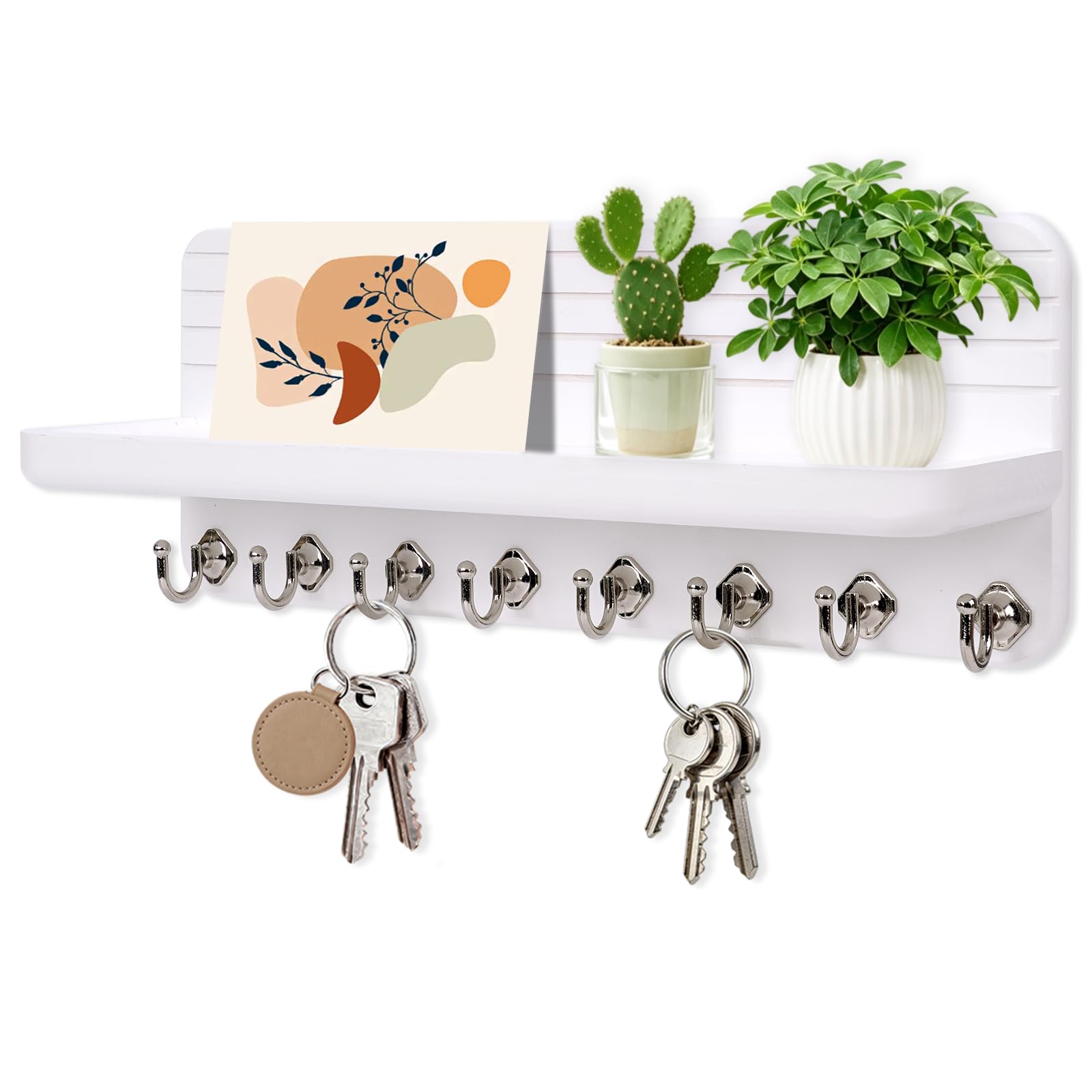 Wall-Mounted Wooden Key & Mail Organizer with 8 Hooks