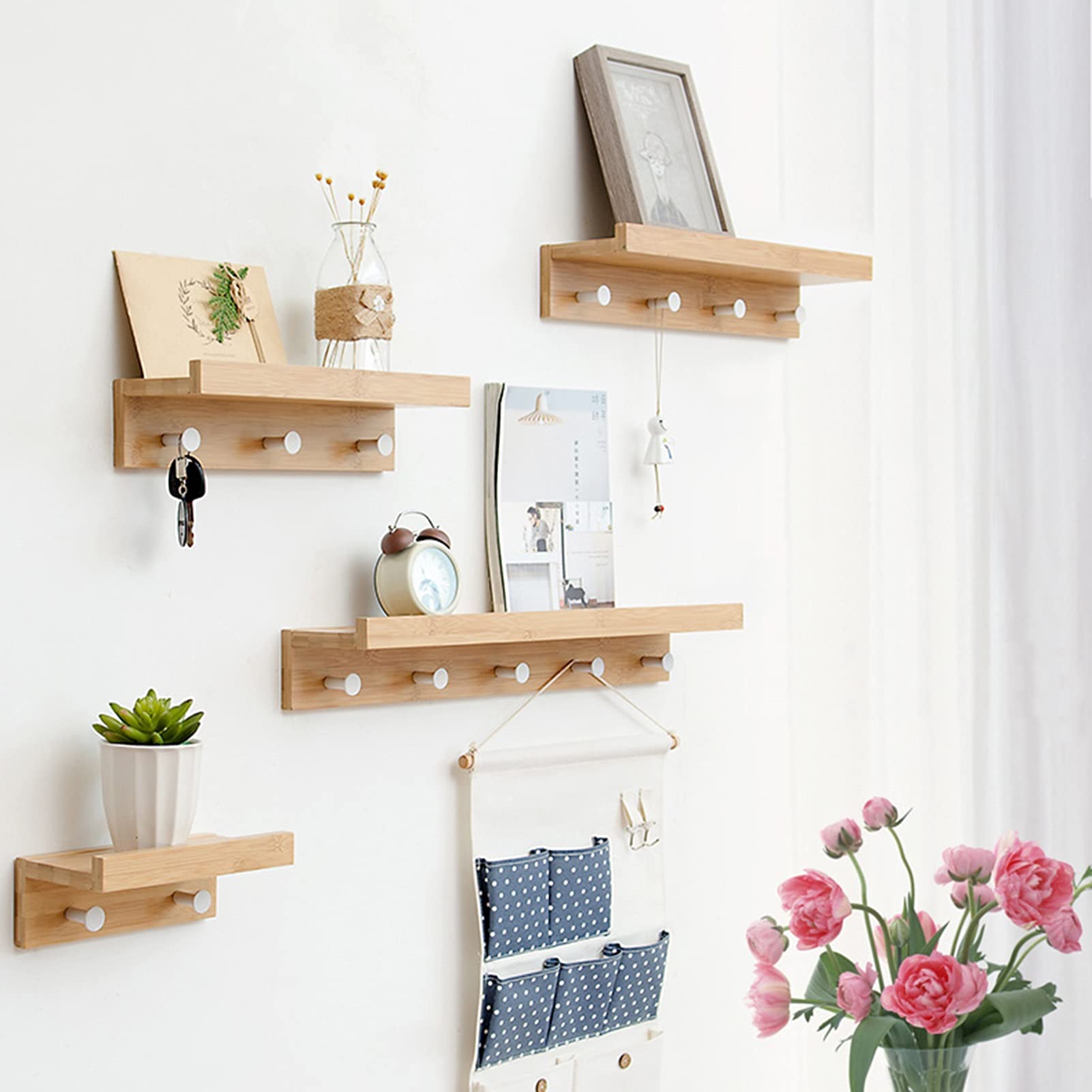 Wall-Mounted Entryway Shelf with 4 Hooks