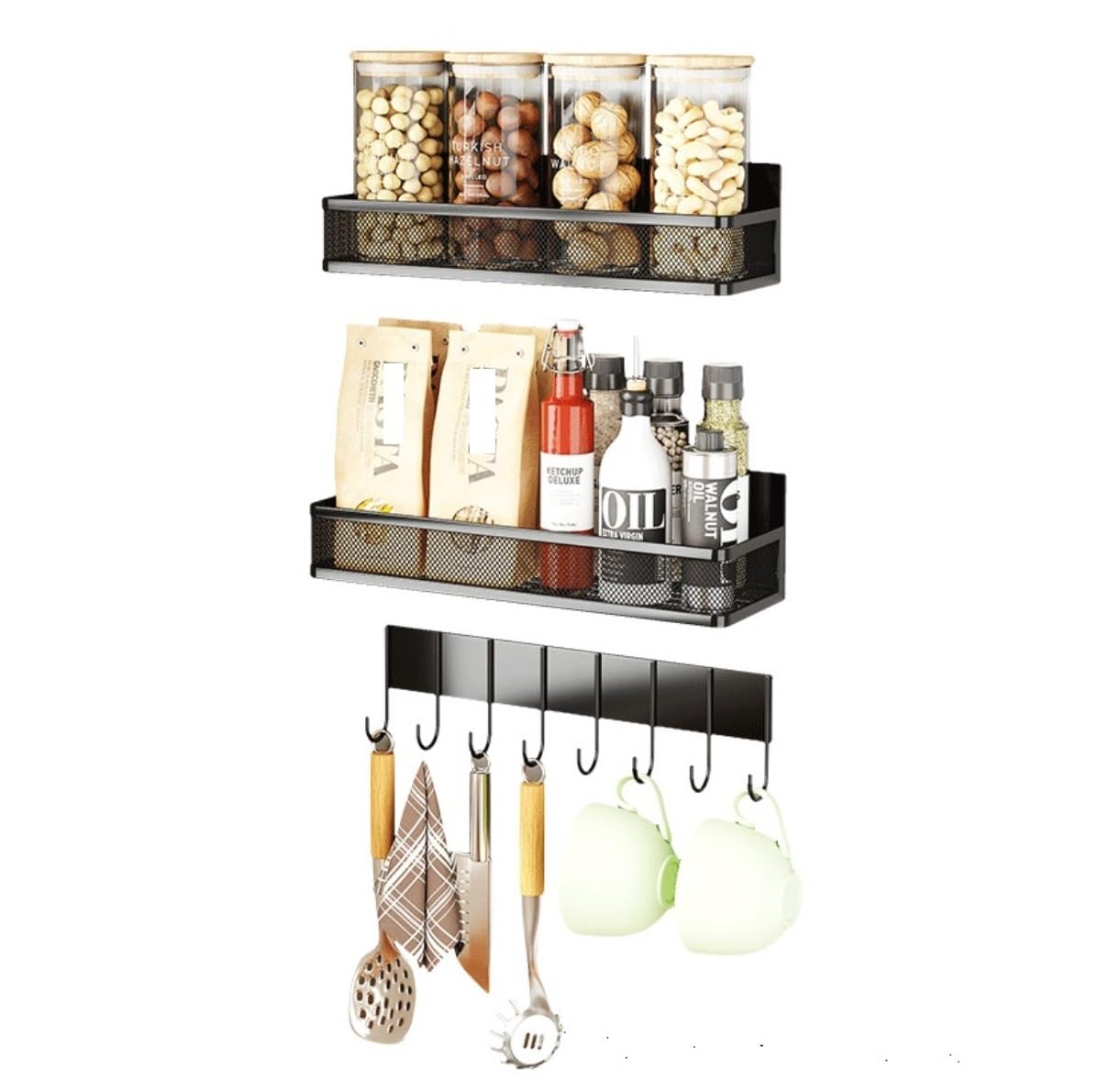 Magnetic Spice Racks with Hooks – 3 Piece Set