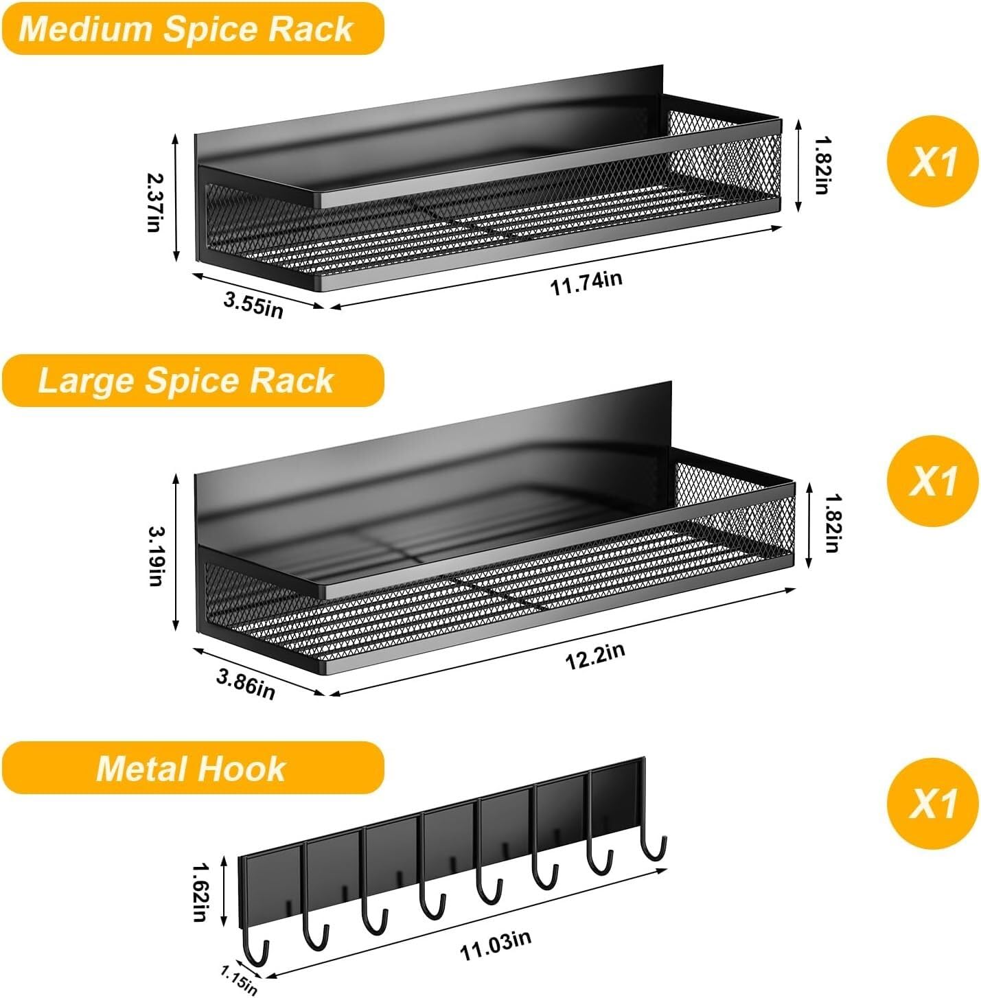 Magnetic Spice Racks with Hooks – 3 Piece Set
