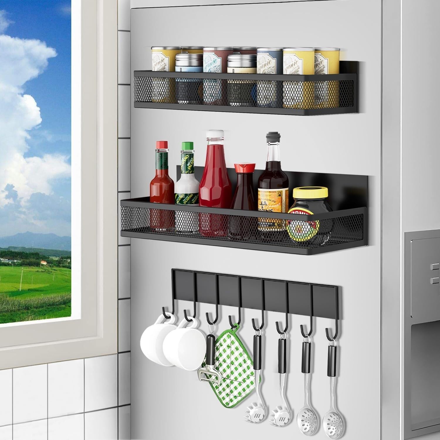 Magnetic Spice Racks with Hooks – 3 Piece Set