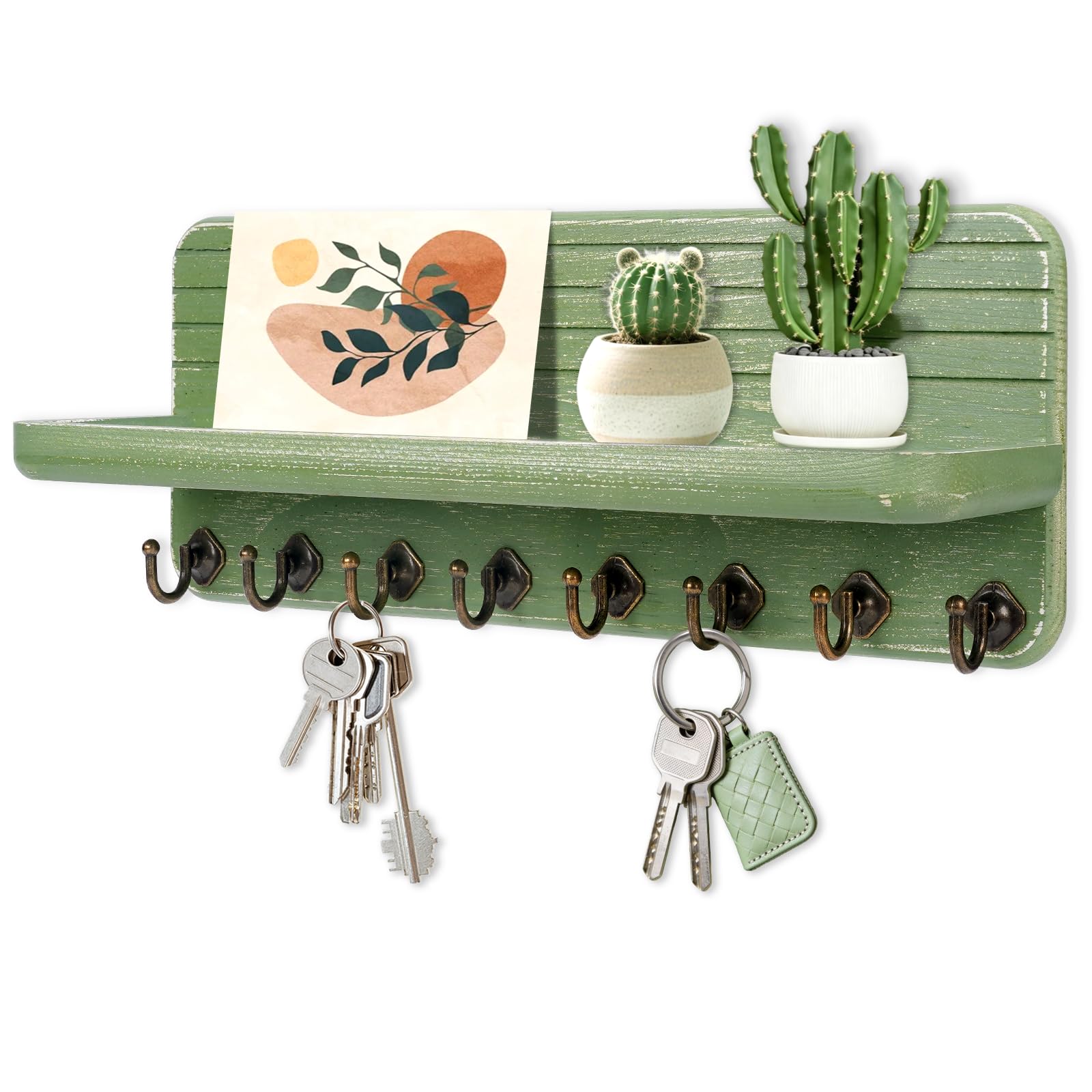 Wall-Mounted Wooden Key & Mail Organizer with 8 Hooks