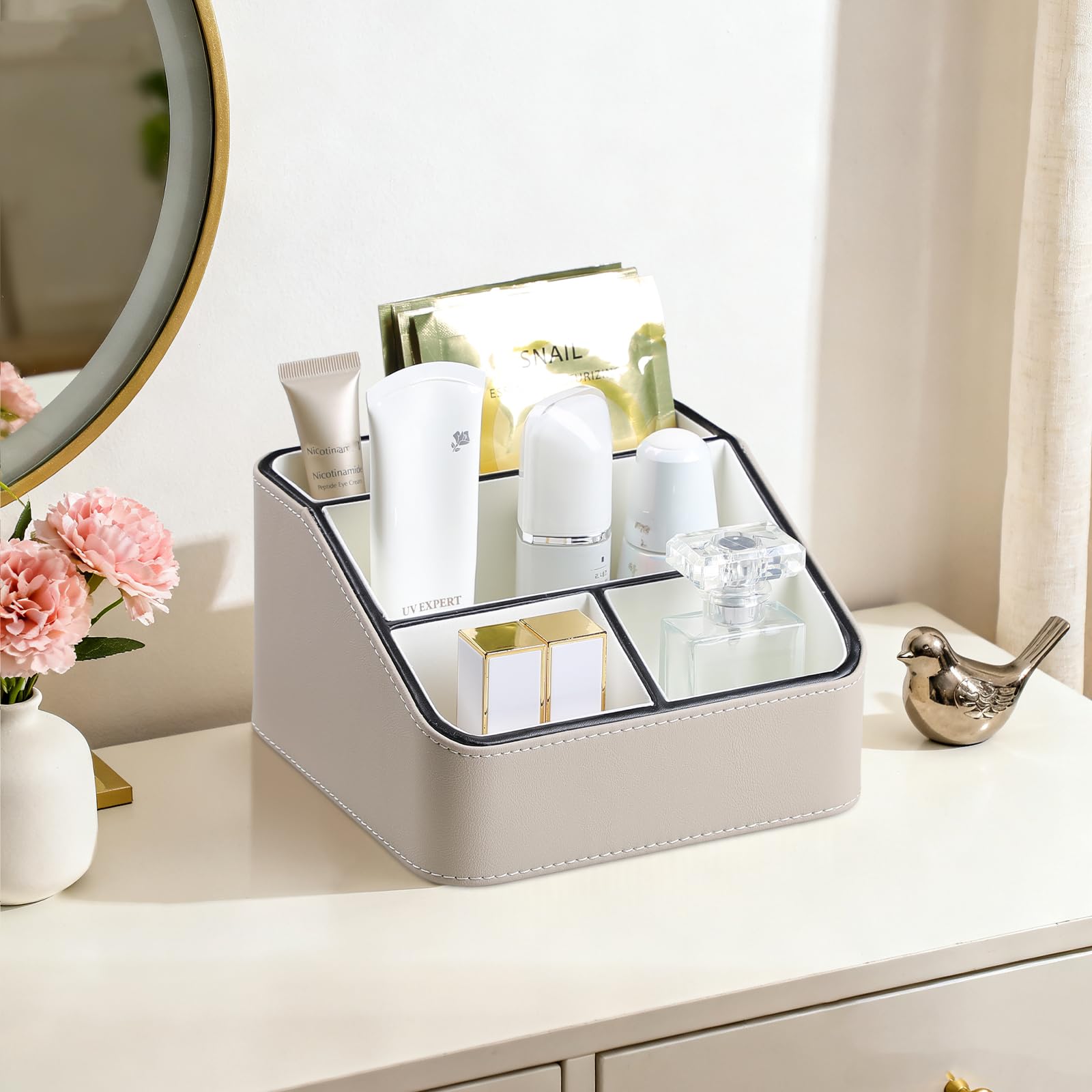 PU Leather Remote Control Holder, Nightstand Organizer with 4 Compartments