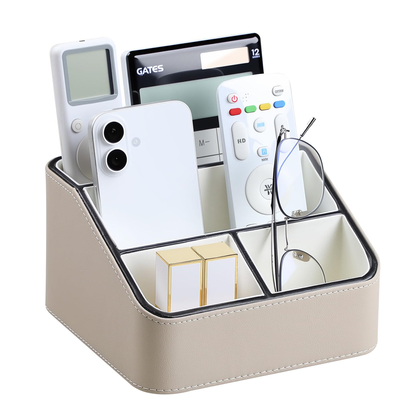 PU Leather Remote Control Holder, Nightstand Organizer with 4 Compartments