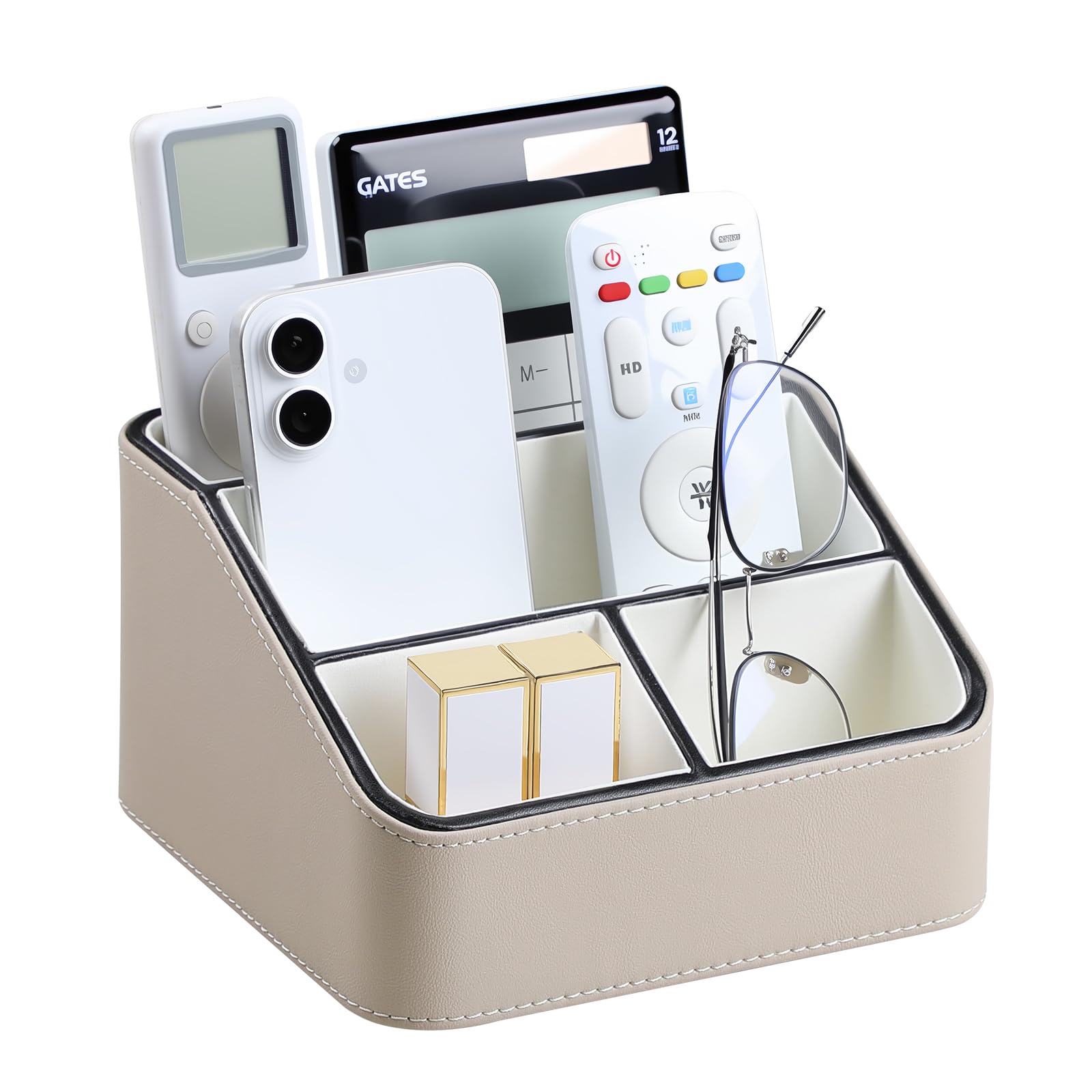 PU Leather Remote Control Holder, Nightstand Organizer with 4 Compartments