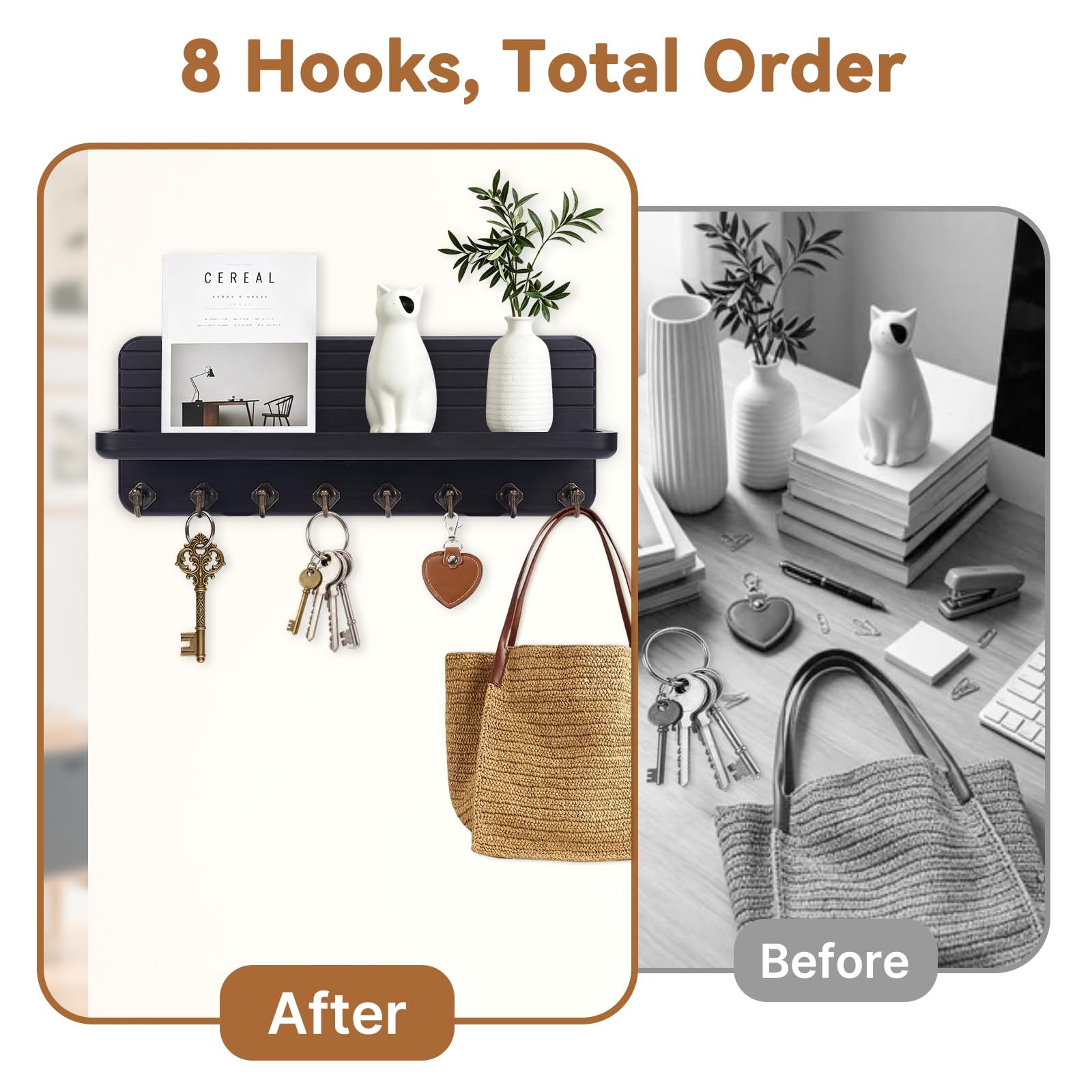 Wall-Mounted Wooden Key & Mail Organizer with 8 Hooks