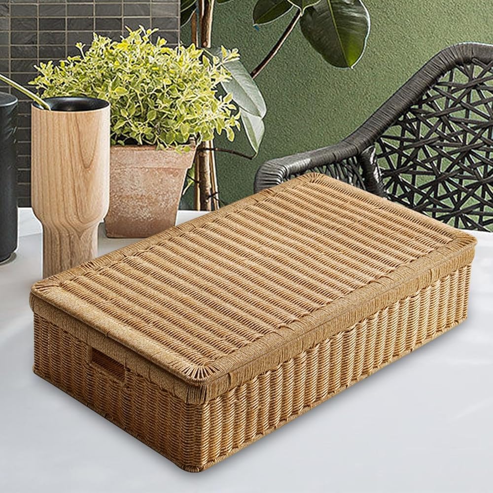 Rectangular Rattan Storage Basket with Lid