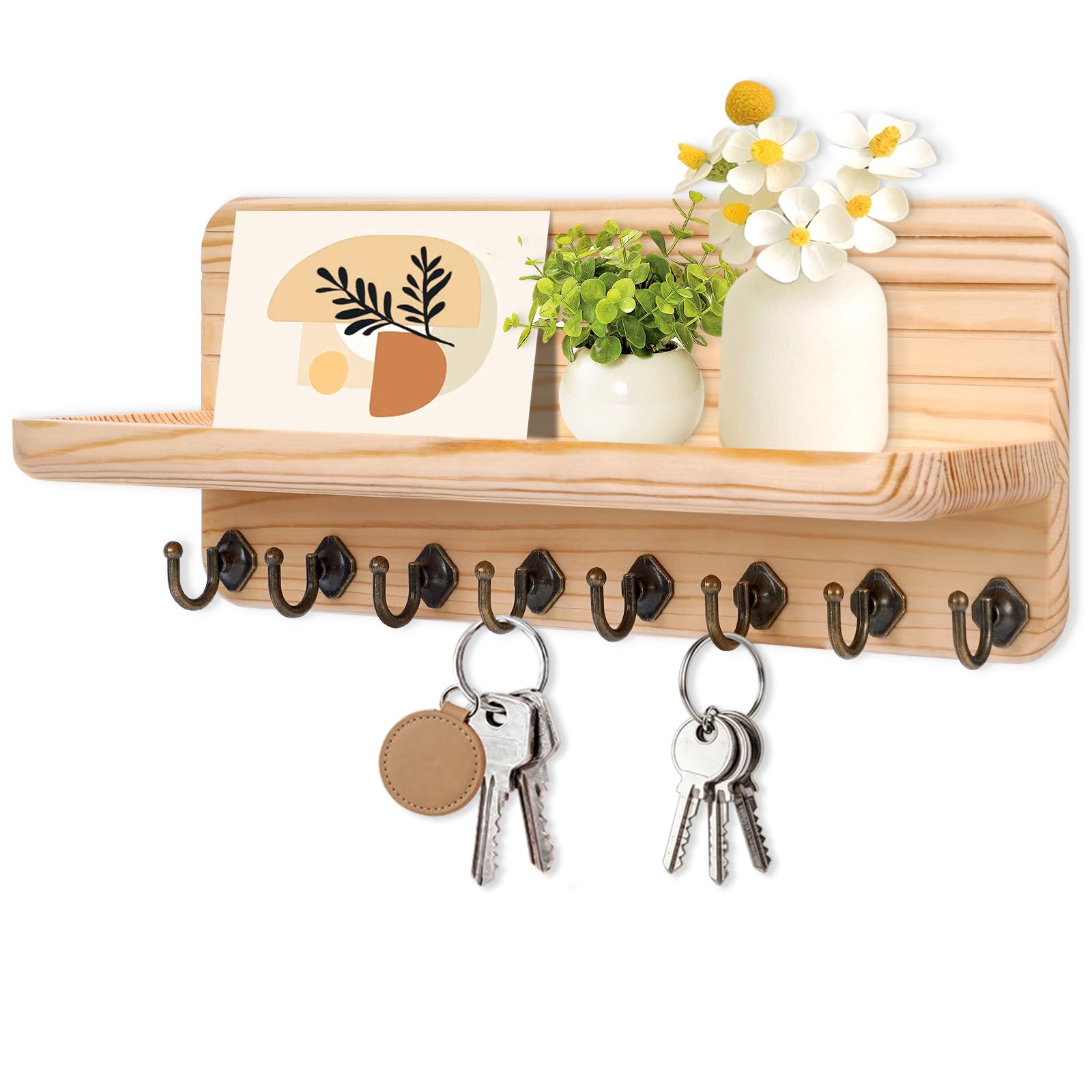 Wall-Mounted Wooden Key & Mail Organizer with 8 Hooks