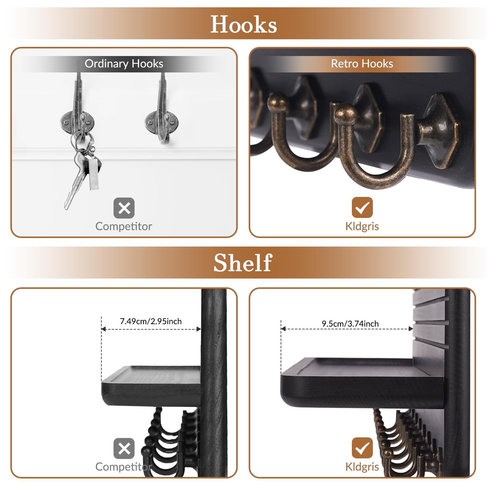 Wall-Mounted Wooden Key & Mail Organizer with 8 Hooks