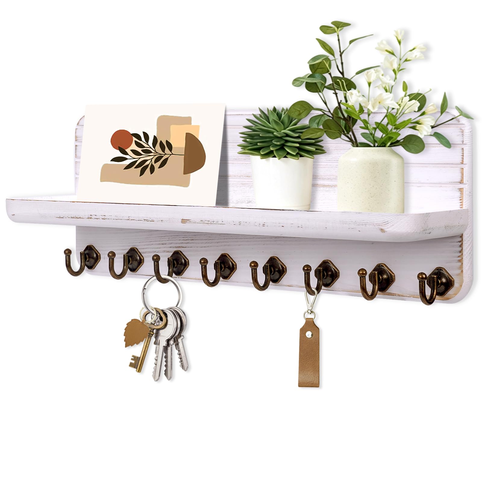 Wall-Mounted Wooden Key & Mail Organizer with 8 Hooks