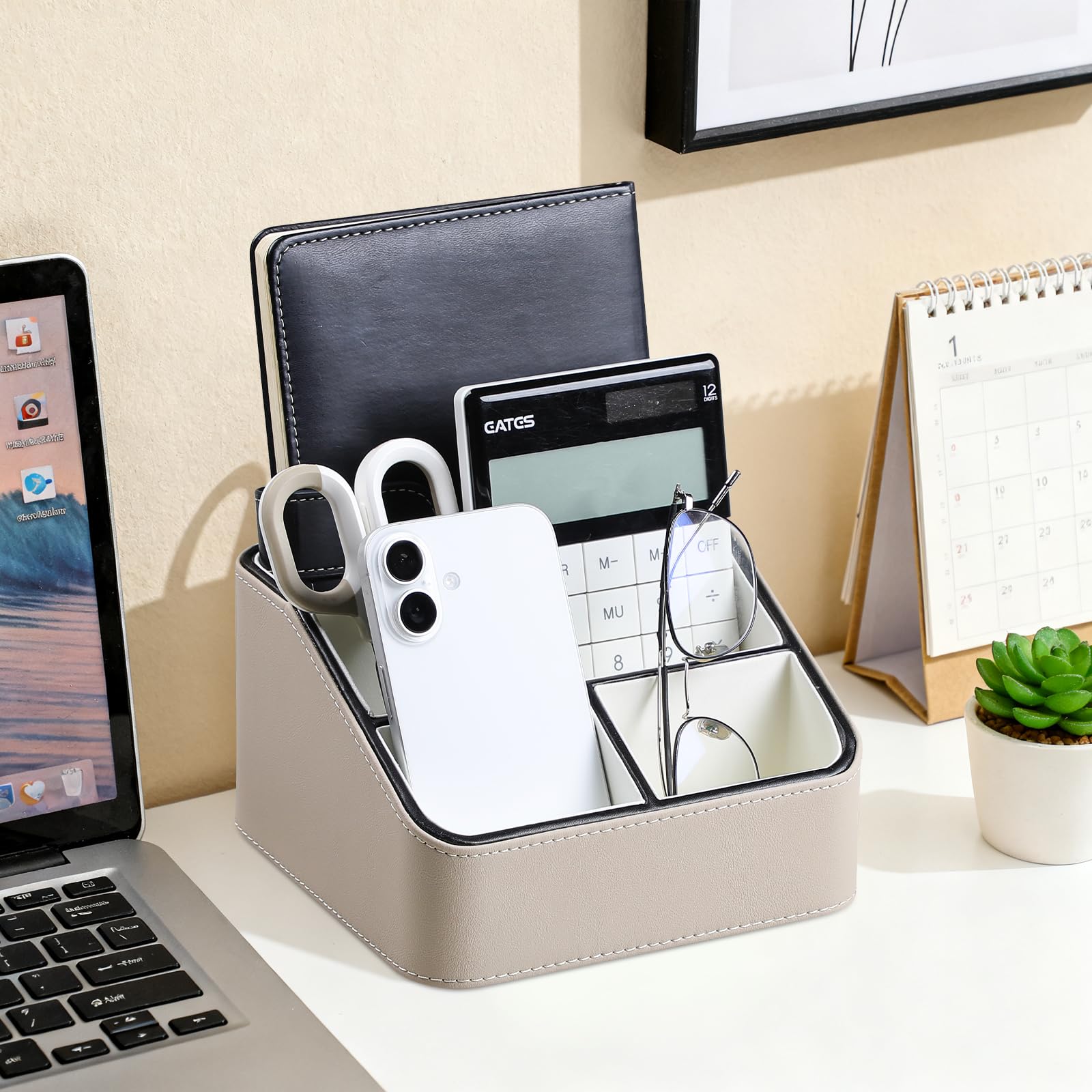 PU Leather Remote Control Holder, Nightstand Organizer with 4 Compartments