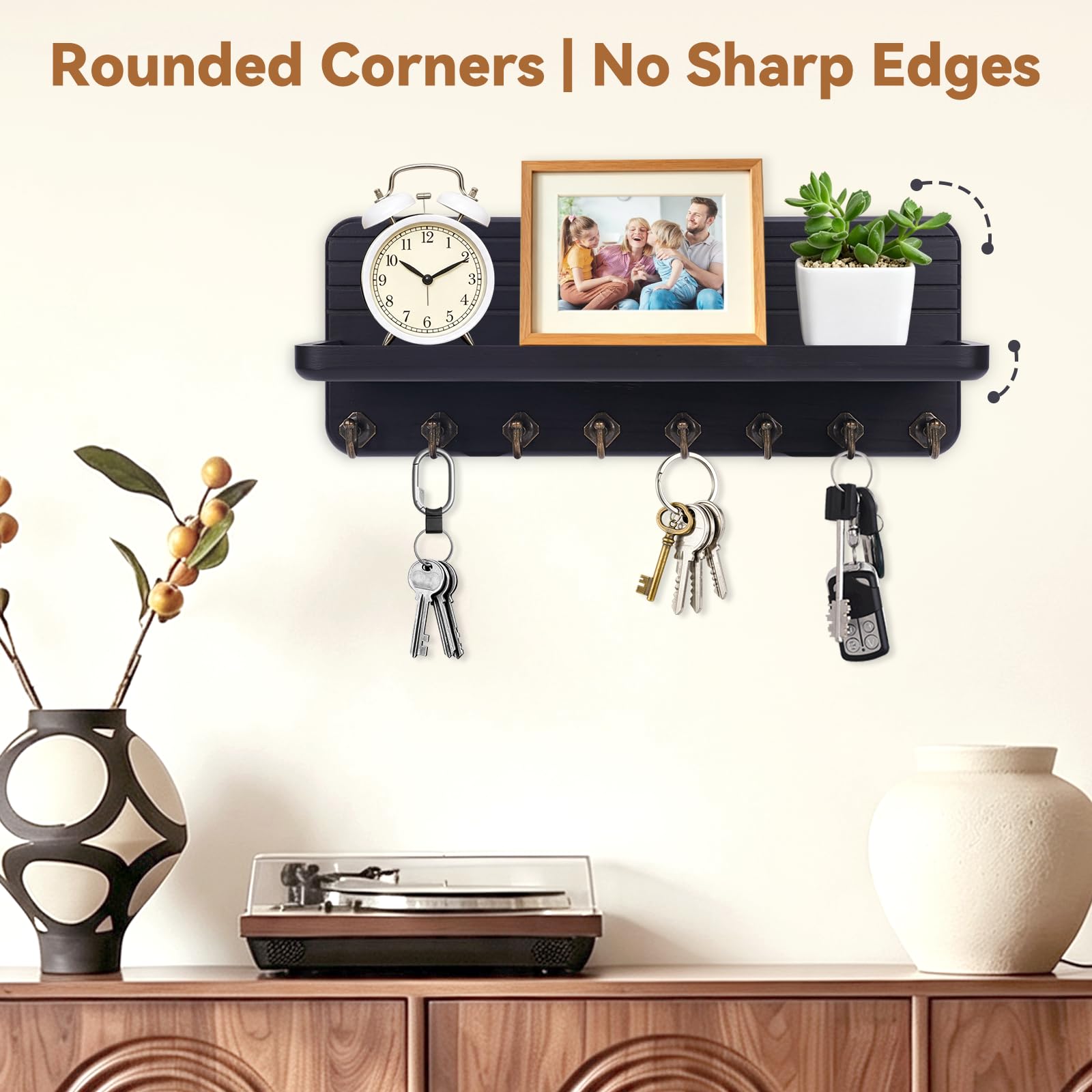Wall-Mounted Wooden Key & Mail Organizer with 8 Hooks