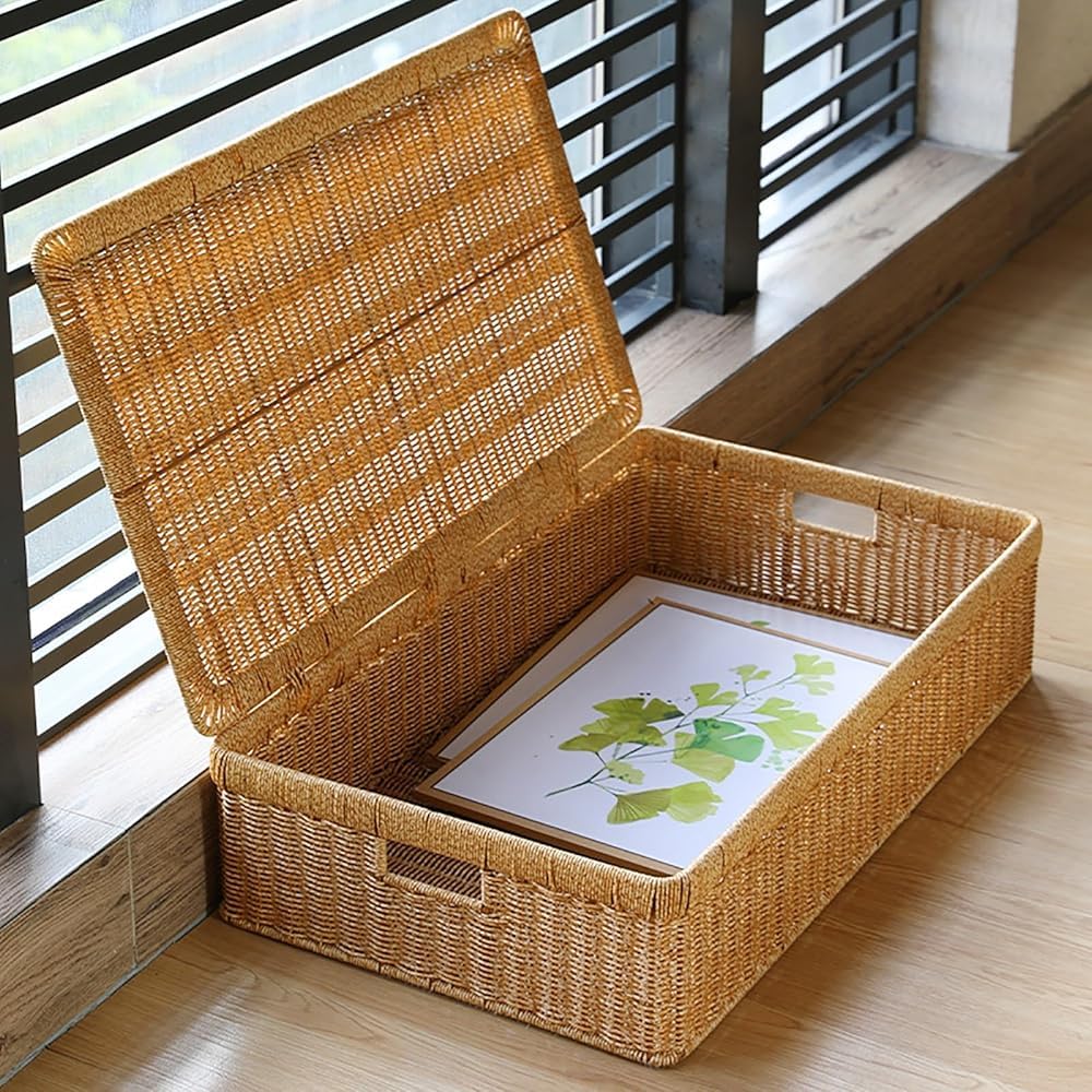 Rectangular Rattan Storage Basket with Lid