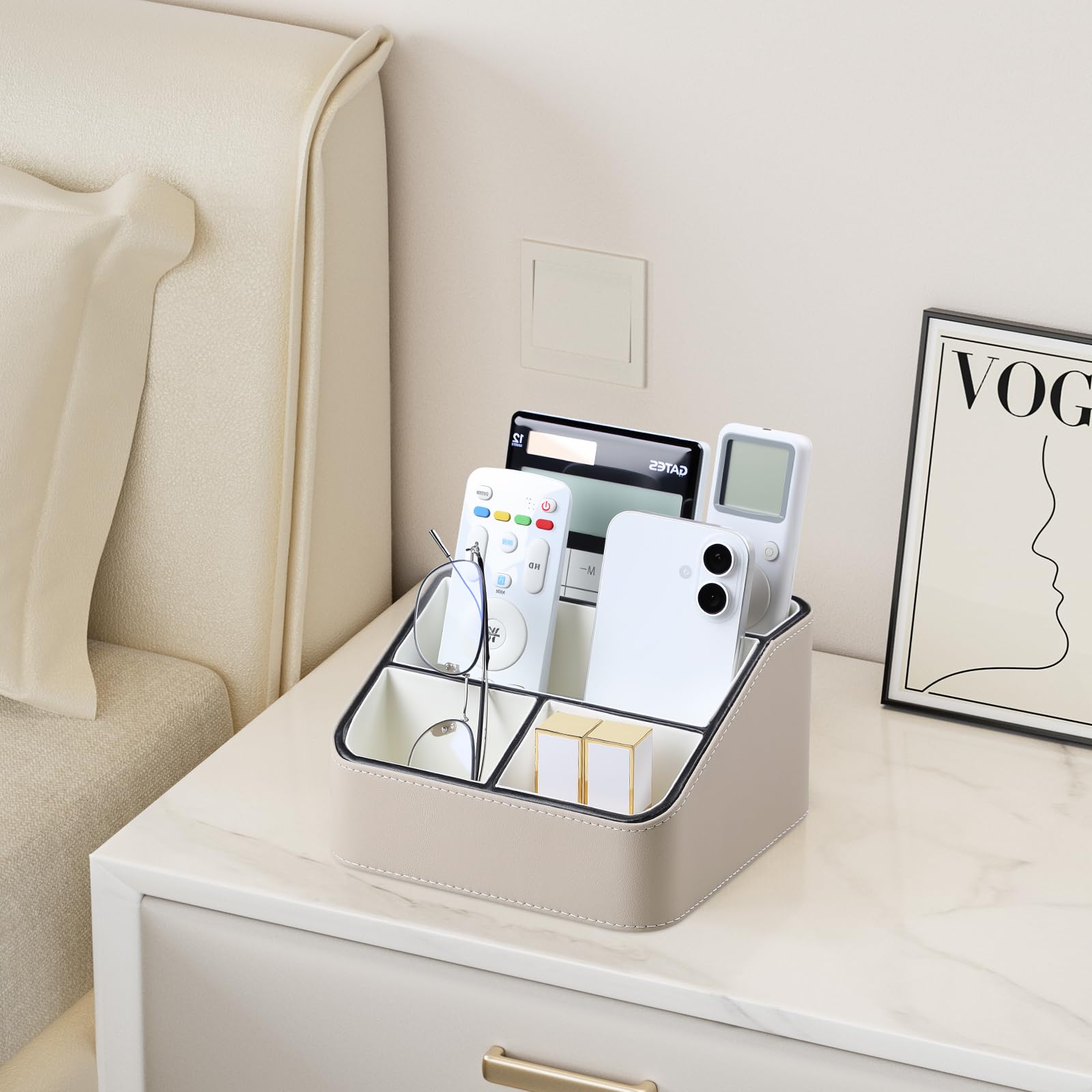 PU Leather Remote Control Holder, Nightstand Organizer with 4 Compartments
