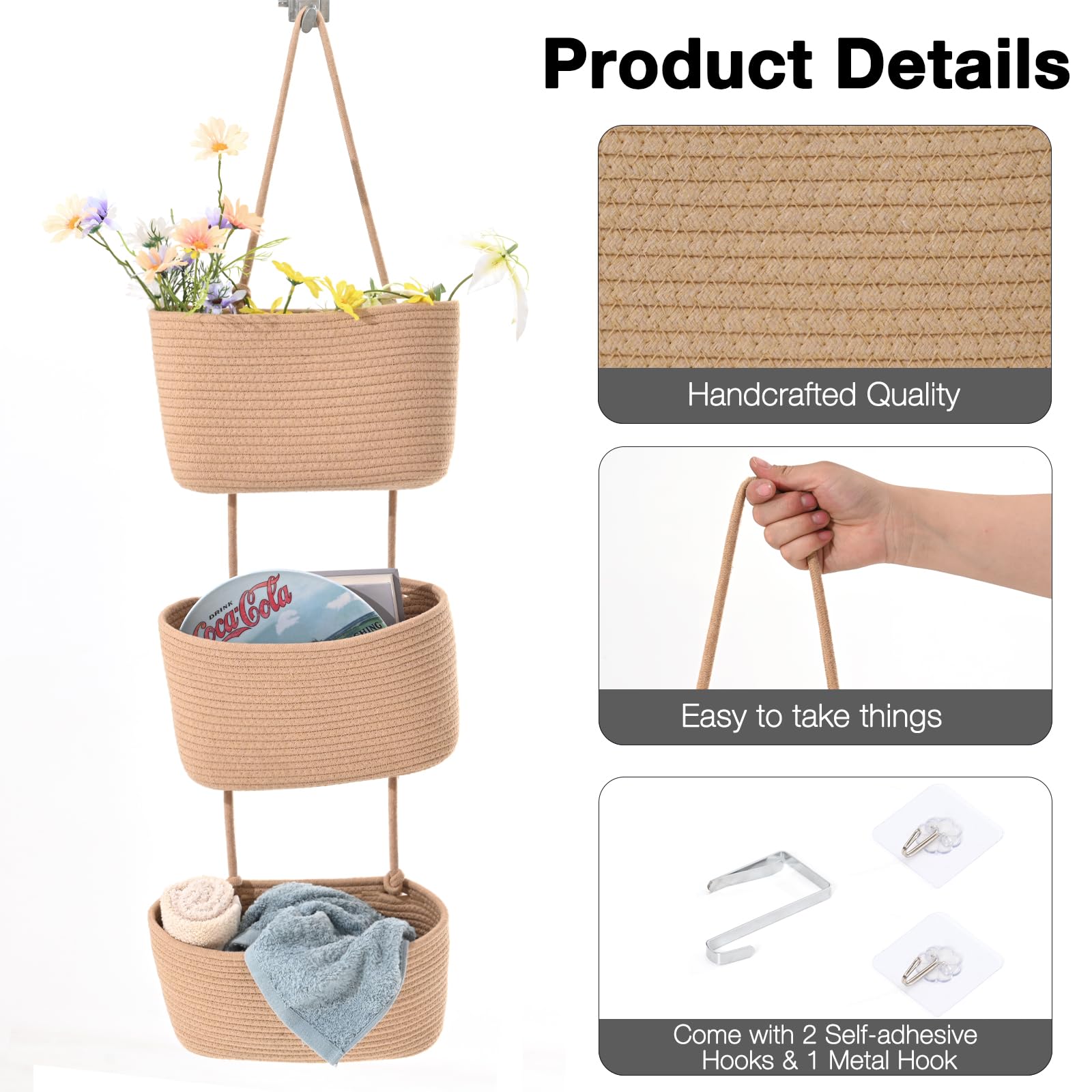 ICERZCZ 3-Tier Hanging Baskets for Organizing Nursery Decor Organization