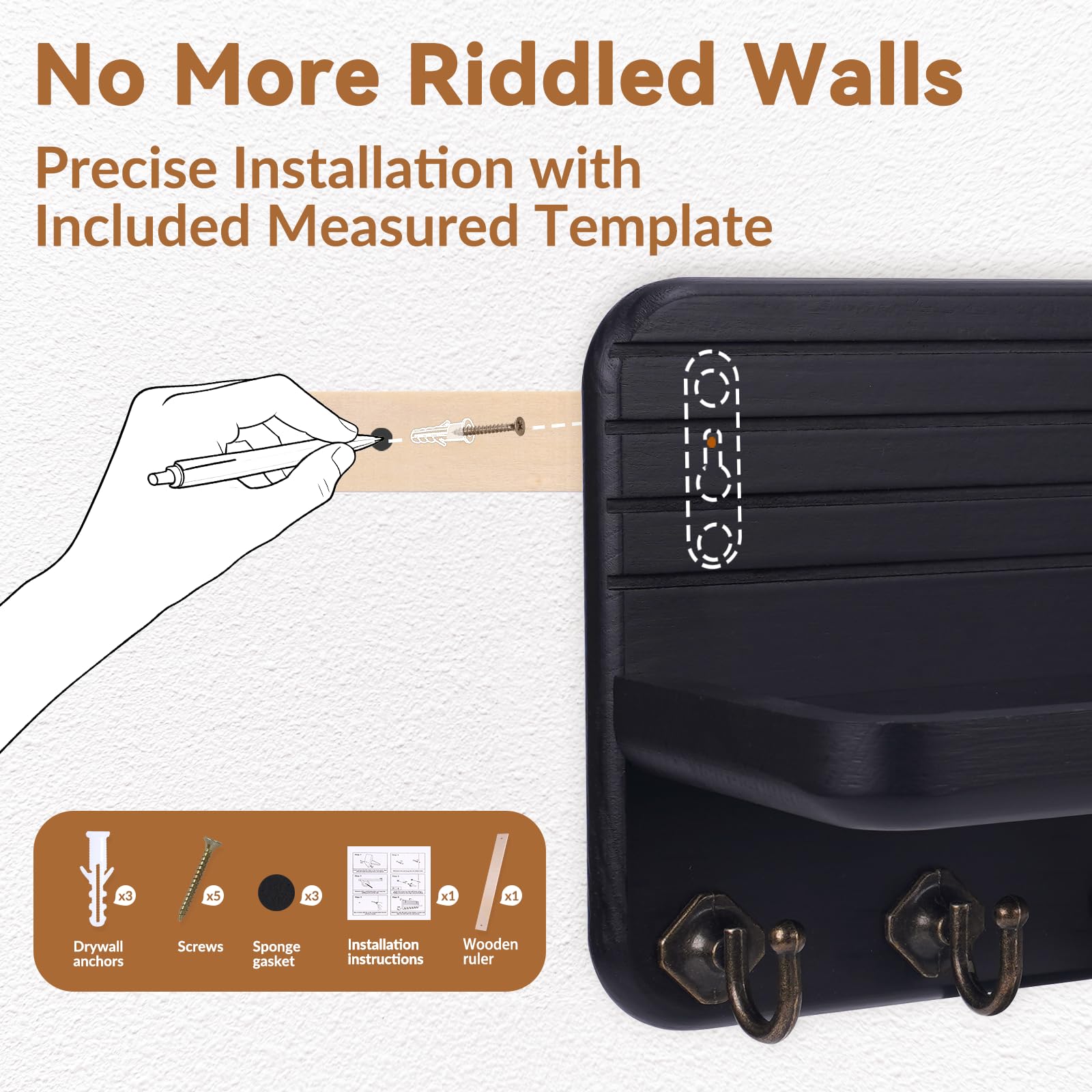 Wall-Mounted Wooden Key & Mail Organizer with 8 Hooks