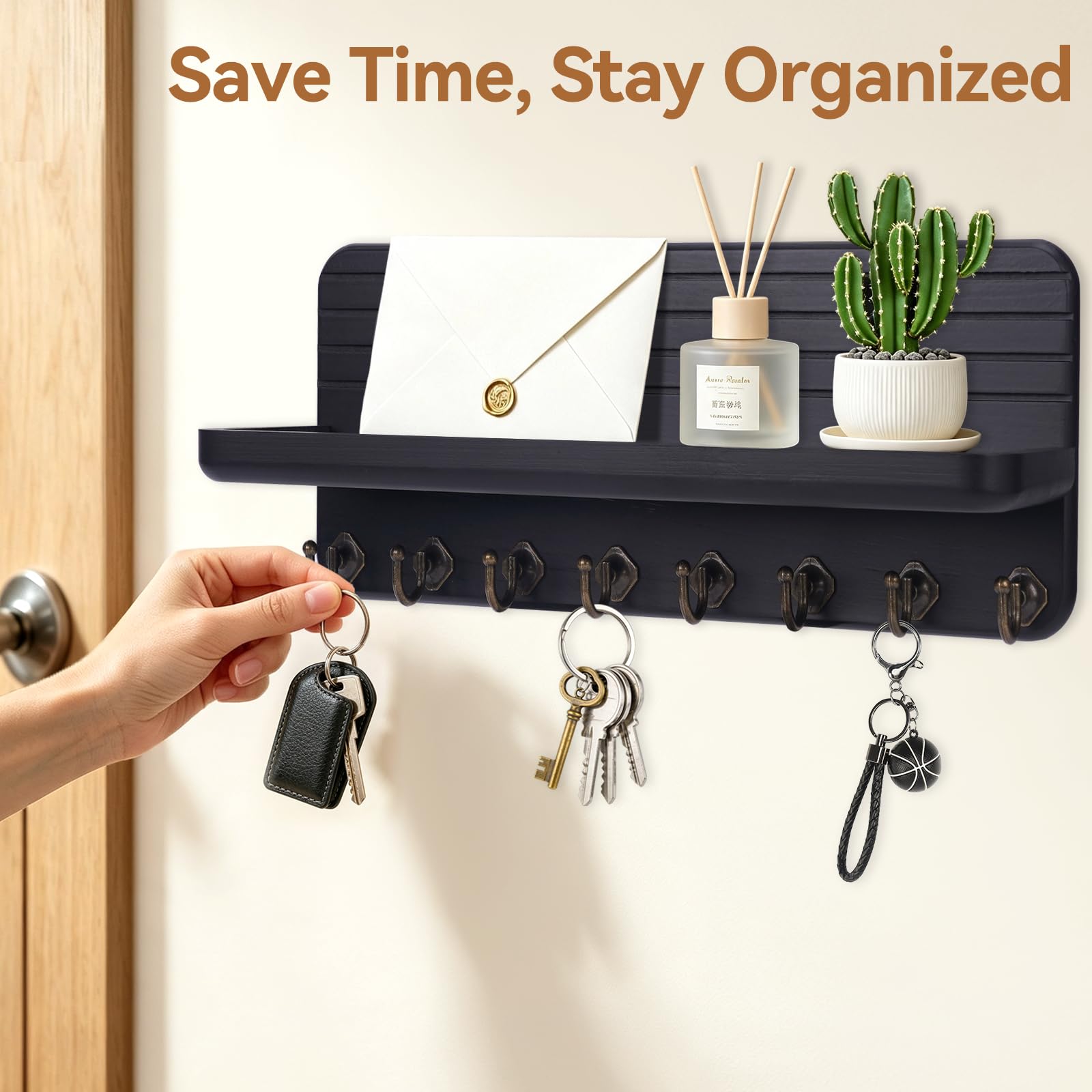 Wall-Mounted Wooden Key & Mail Organizer with 8 Hooks
