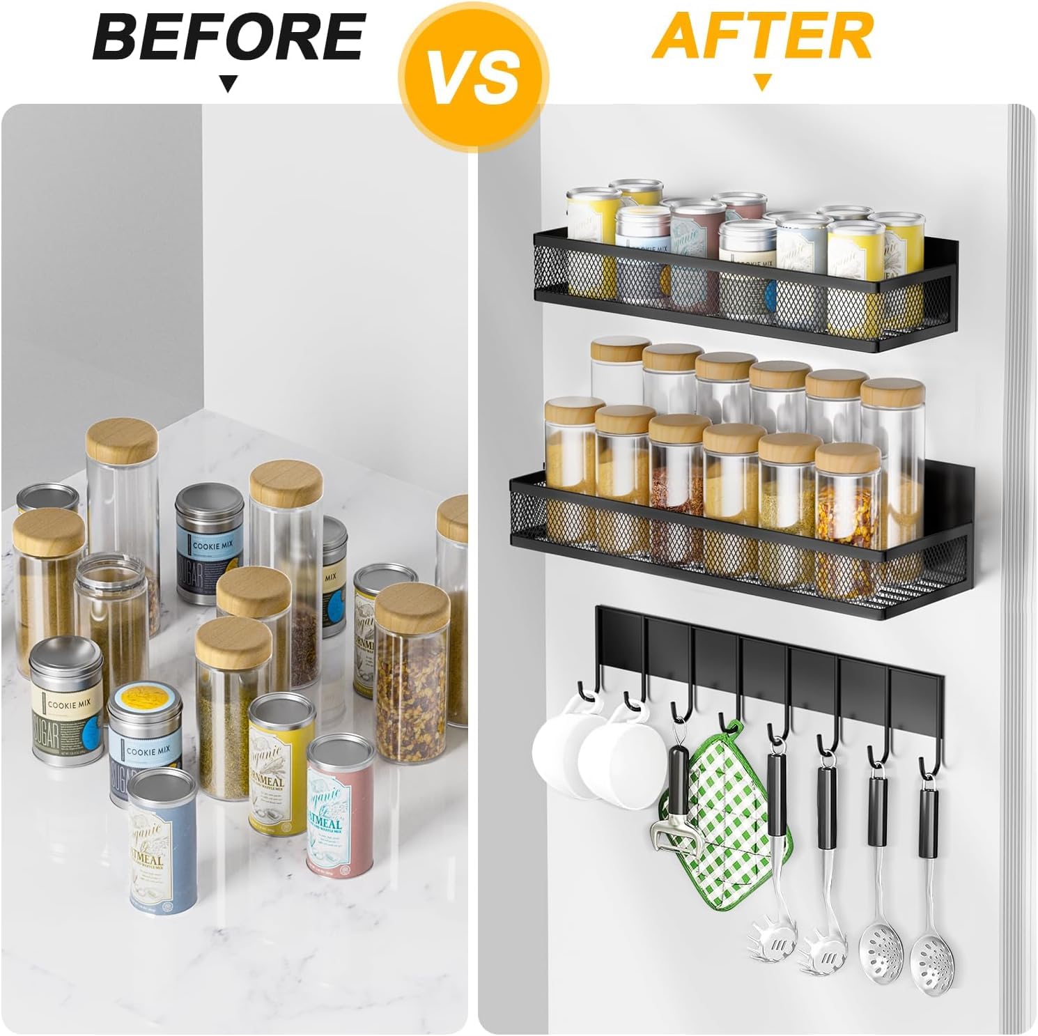 Magnetic Spice Racks with Hooks – 3 Piece Set