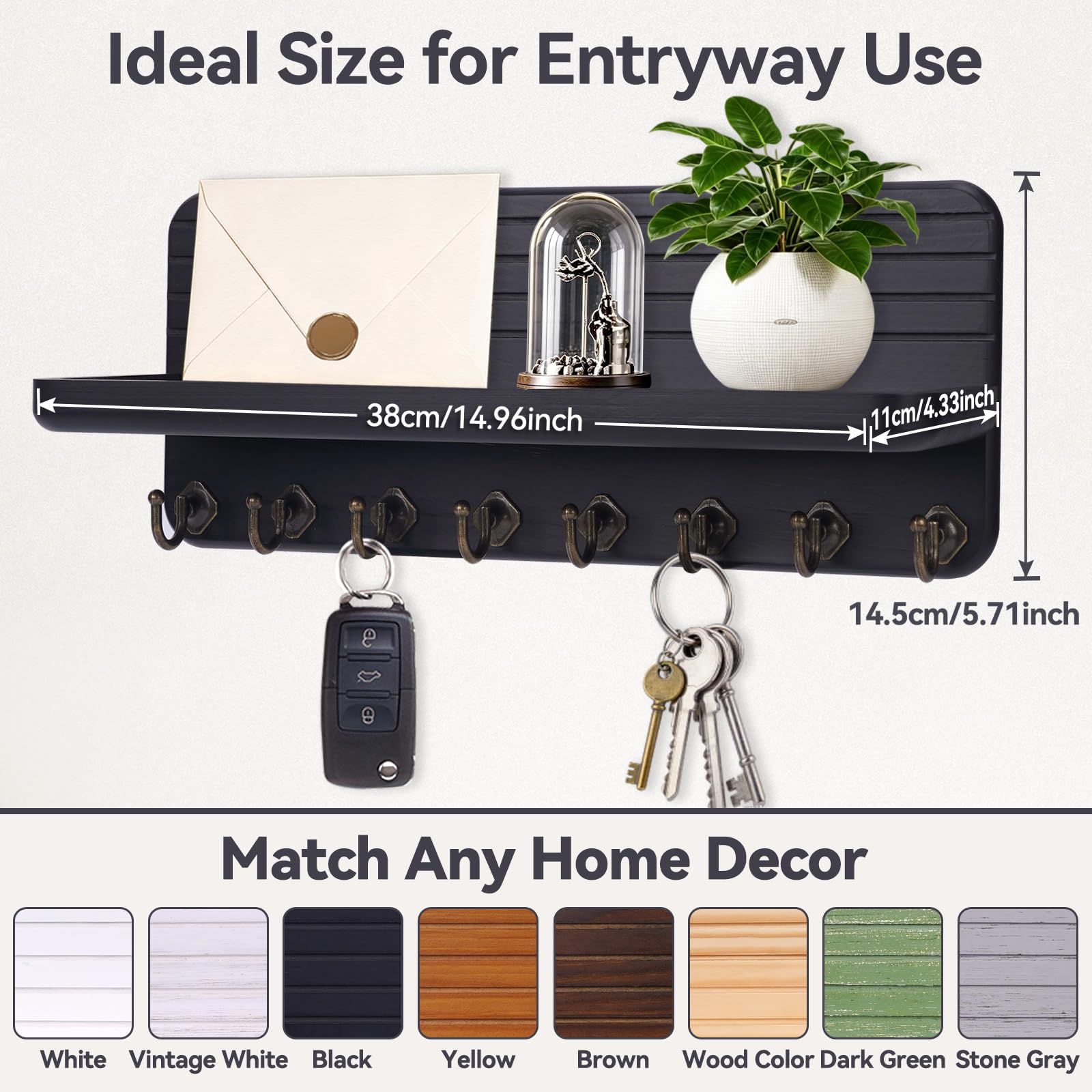 Wall-Mounted Wooden Key & Mail Organizer with 8 Hooks