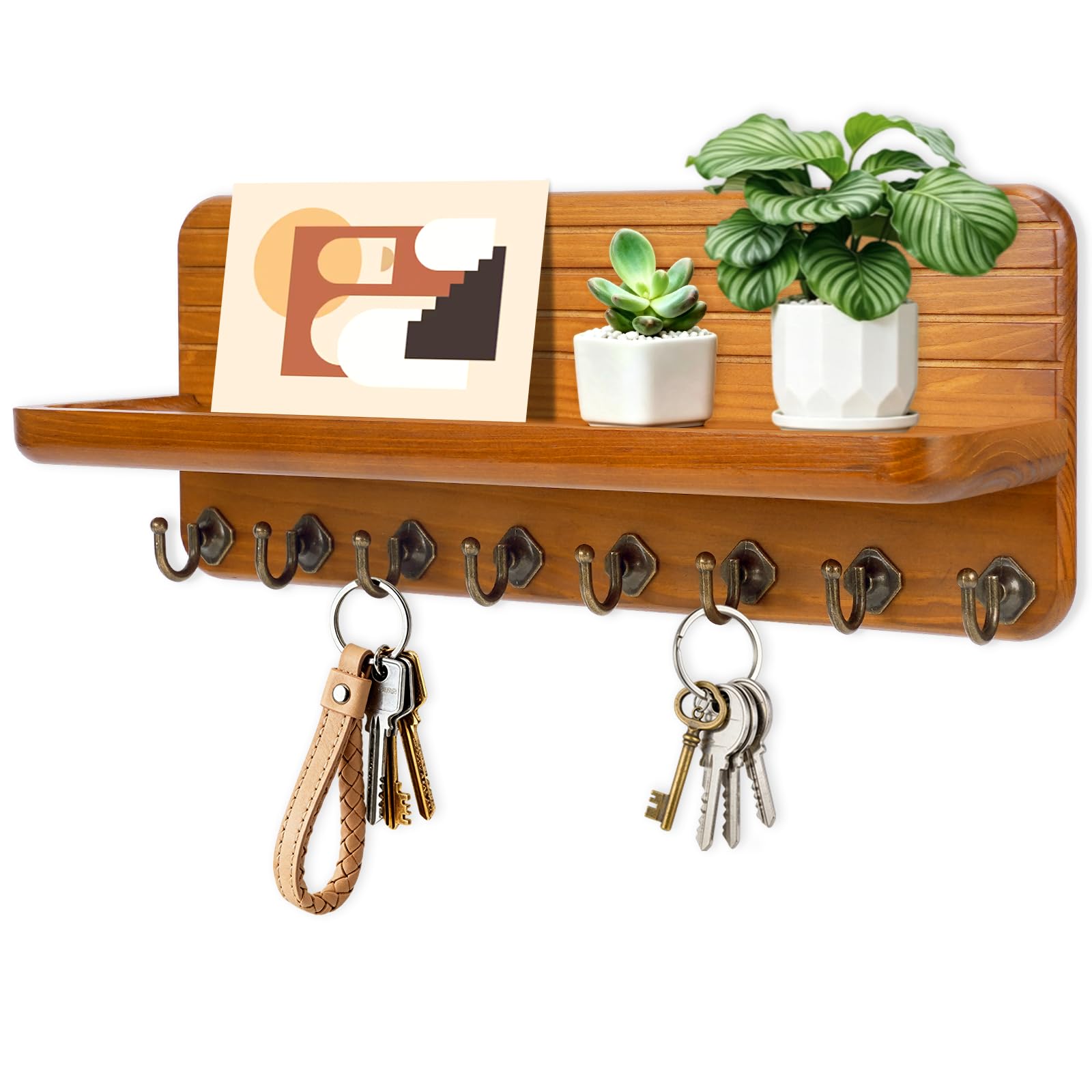 Wall-Mounted Wooden Key & Mail Organizer with 8 Hooks