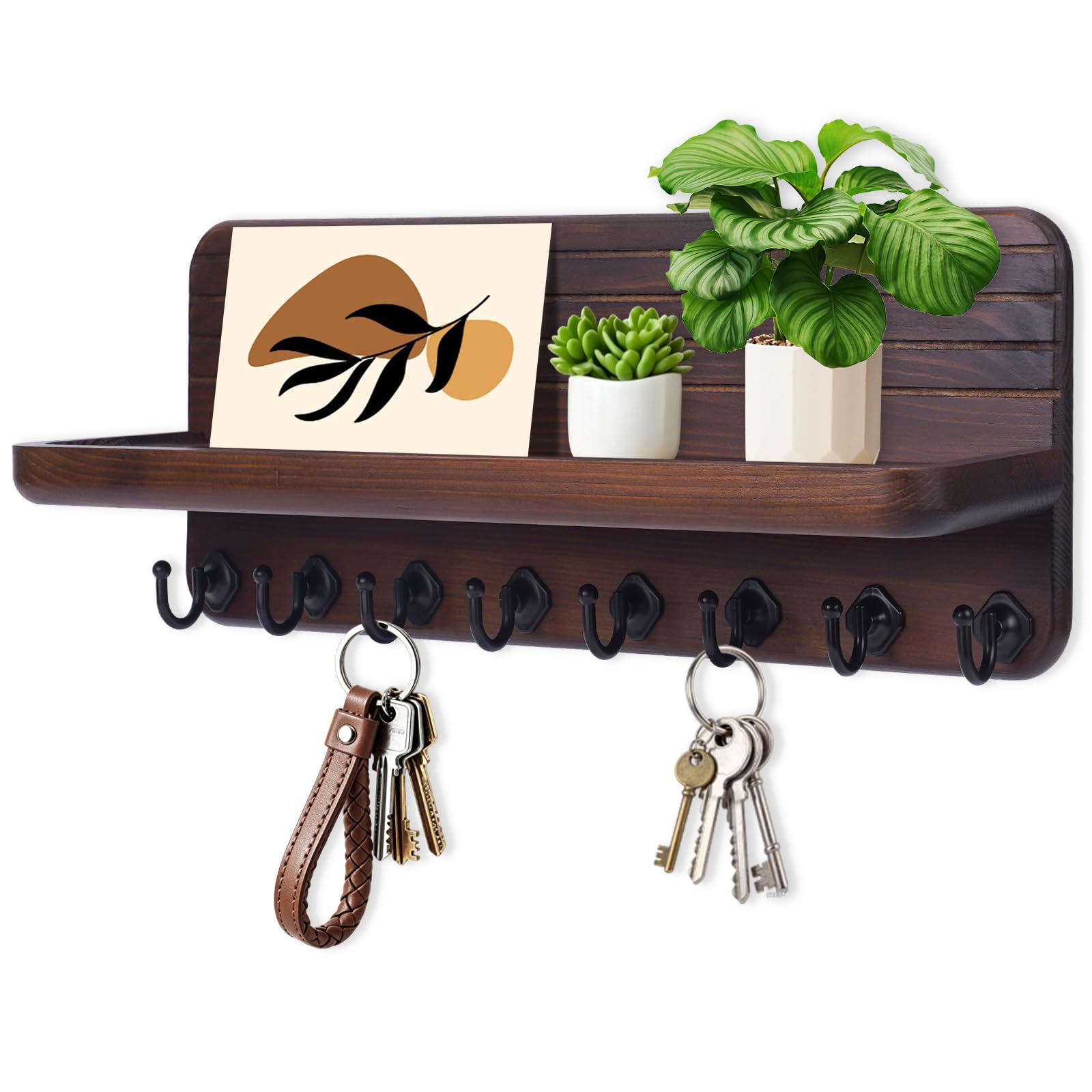 Wall-Mounted Wooden Key & Mail Organizer with 8 Hooks