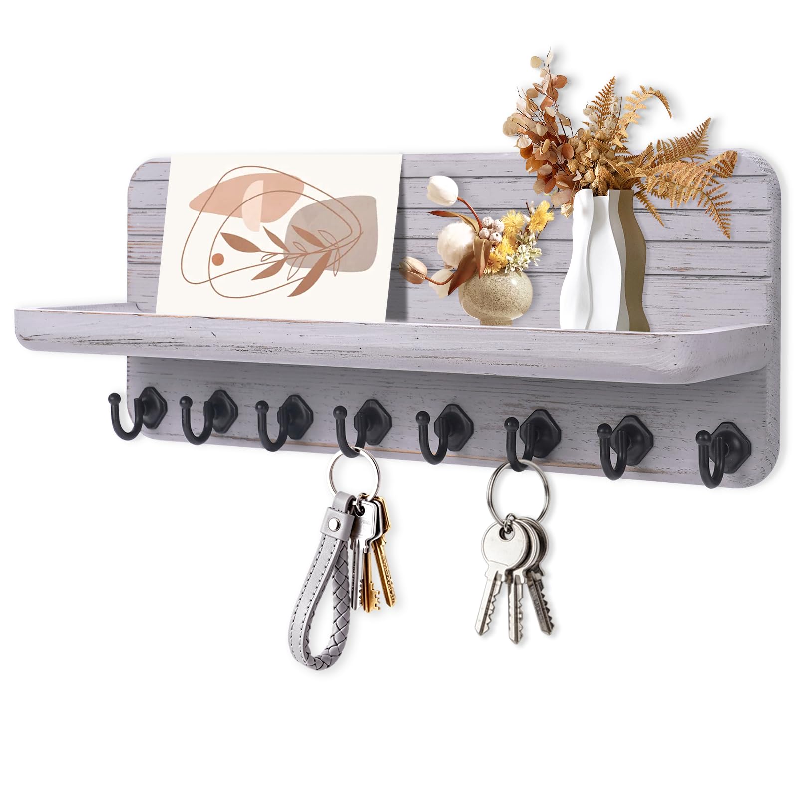 Wall-Mounted Wooden Key & Mail Organizer with 8 Hooks