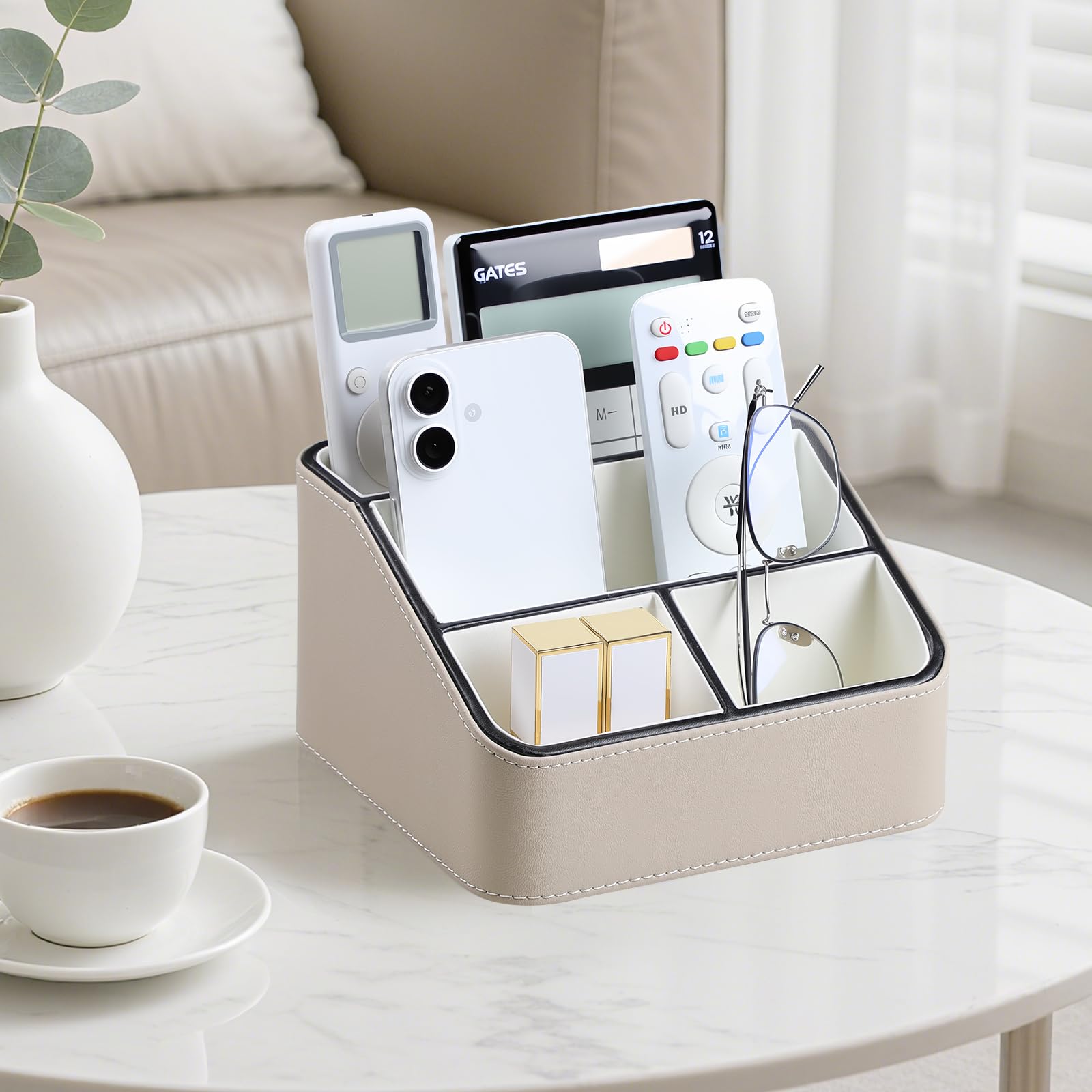 PU Leather Remote Control Holder, Nightstand Organizer with 4 Compartments
