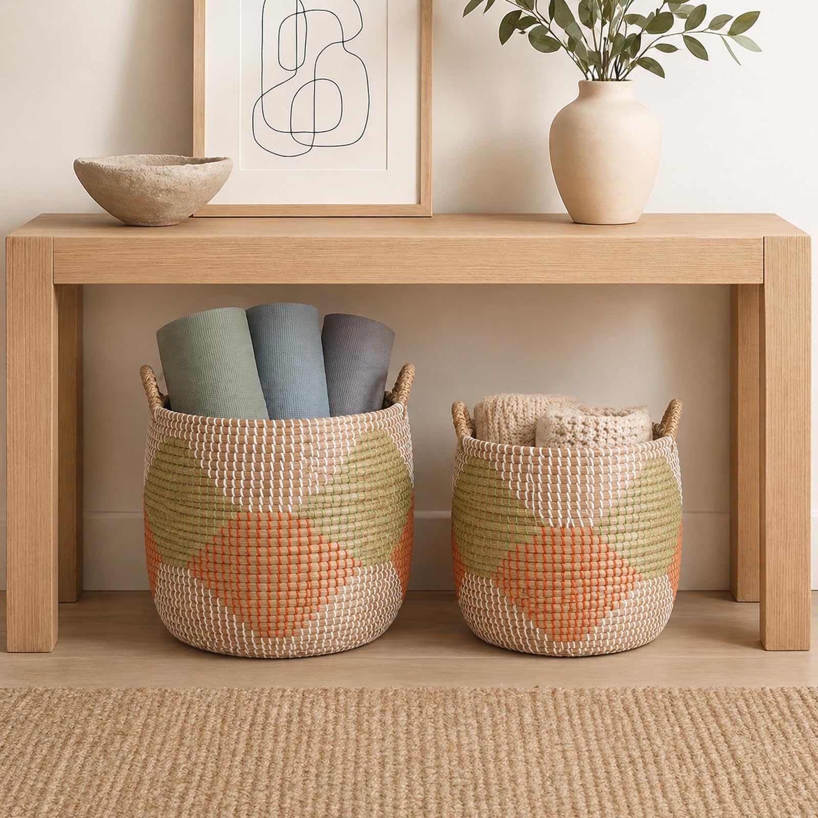 Handwoven Seagrass Storage Baskets with Handles – 3 Piece Set