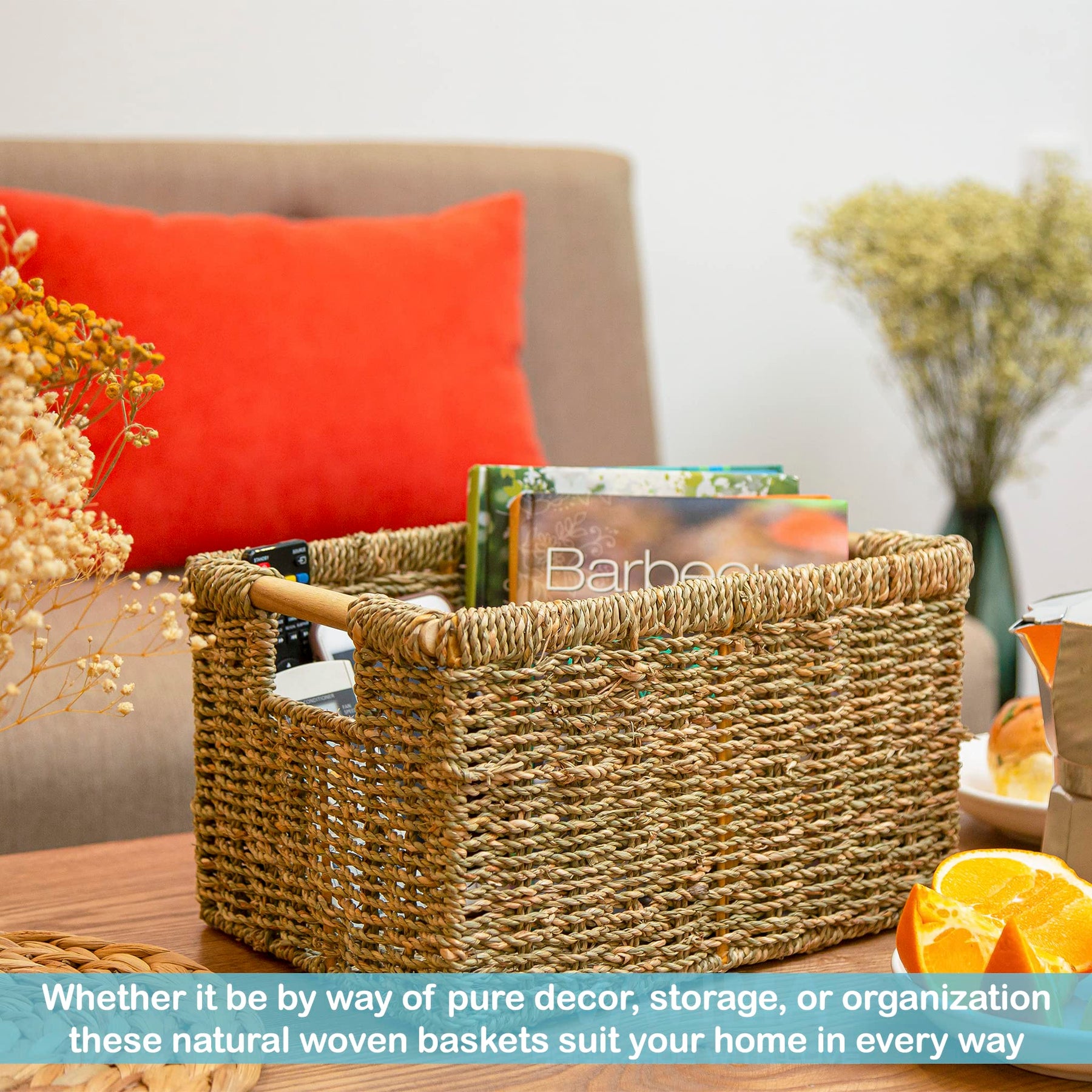 Woven Water Hyacinth Storage Basket with Wooden Handles