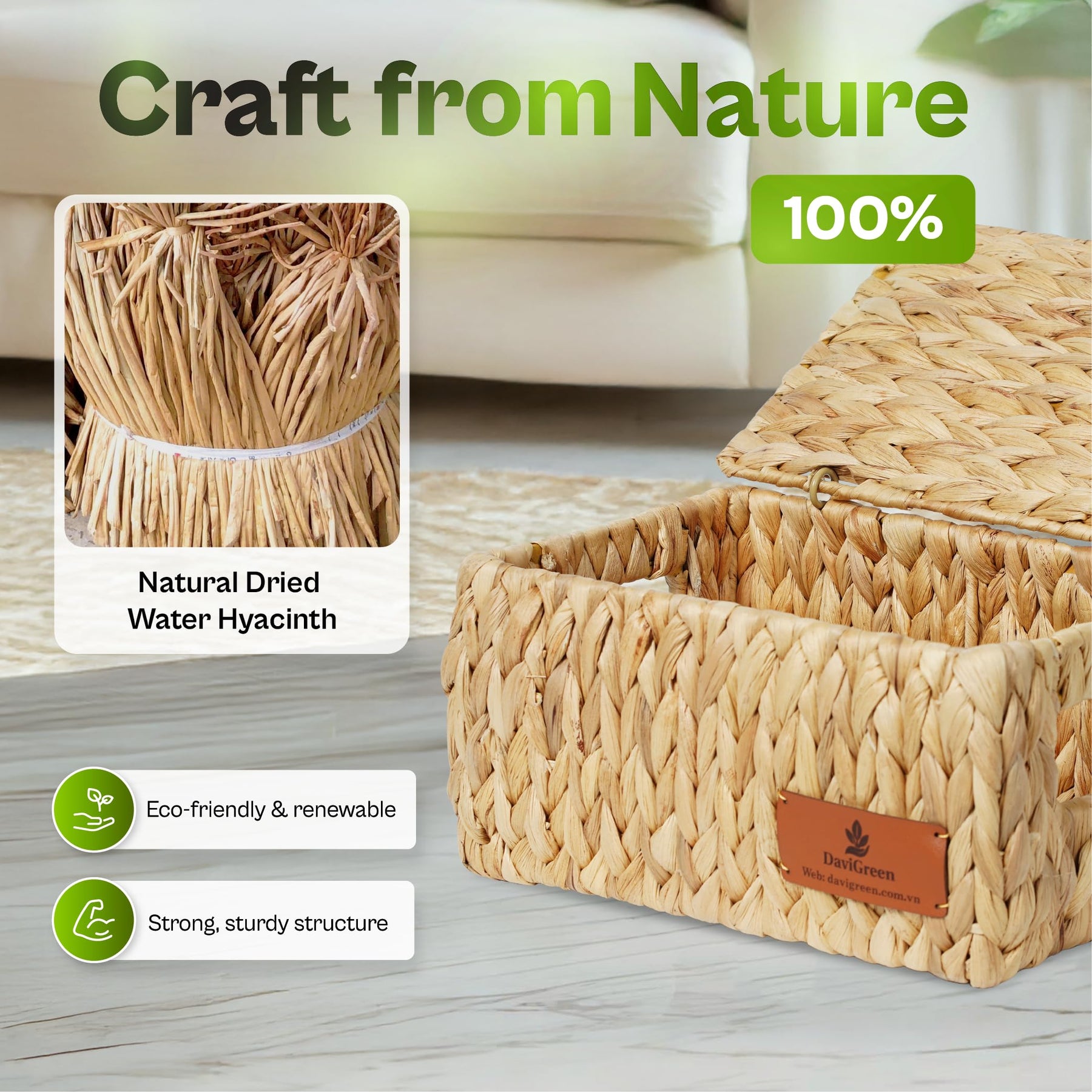 Woven Water Hyacinth Storage Baskets with Lids – 3 Piece Set