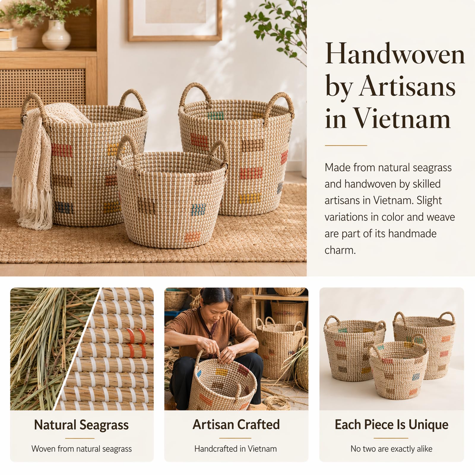 Handwoven Seagrass Storage Baskets with Handles