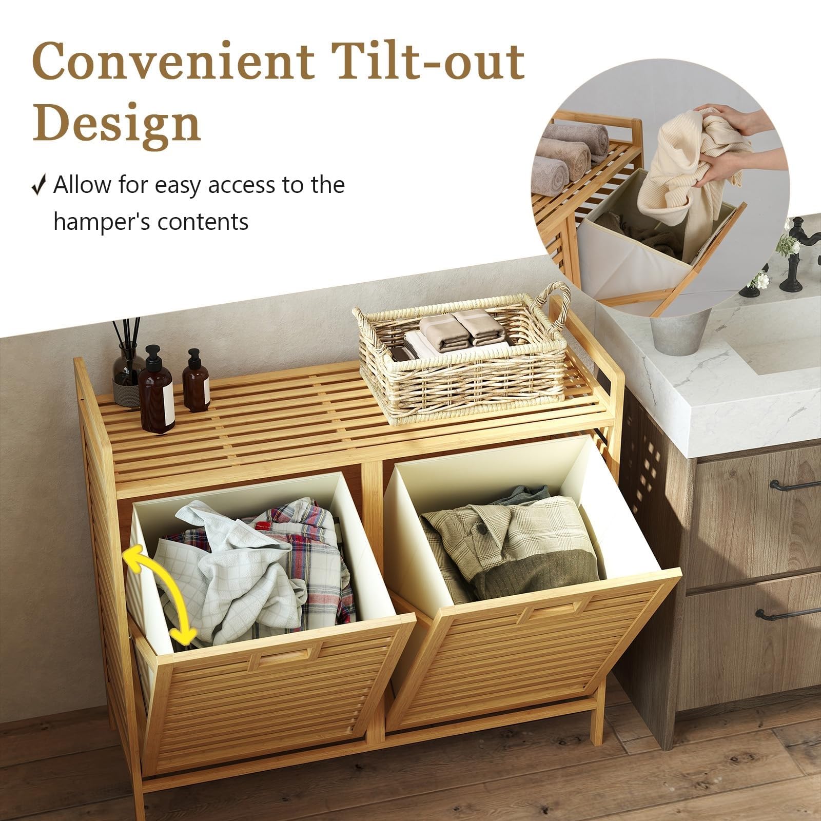 Bamboo Double Tilt-Out Laundry Hamper with Shelf