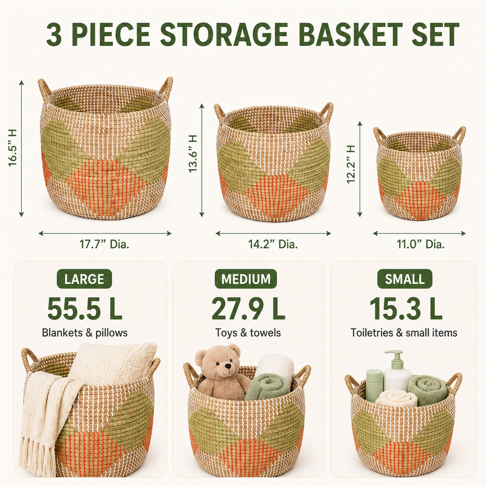 Handwoven Seagrass Storage Baskets with Handles – 3 Piece Set