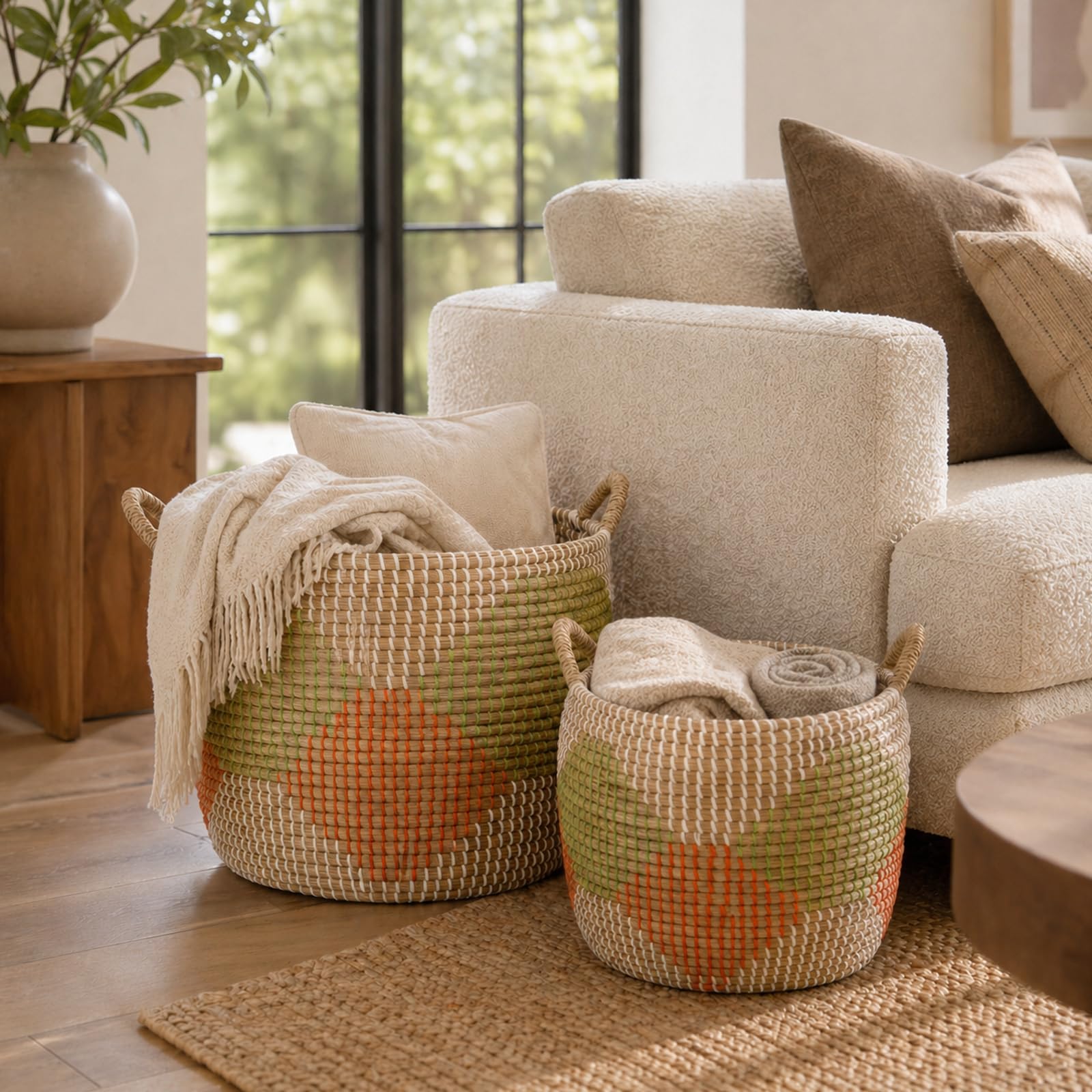 Handwoven Seagrass Storage Baskets with Handles – 3 Piece Set