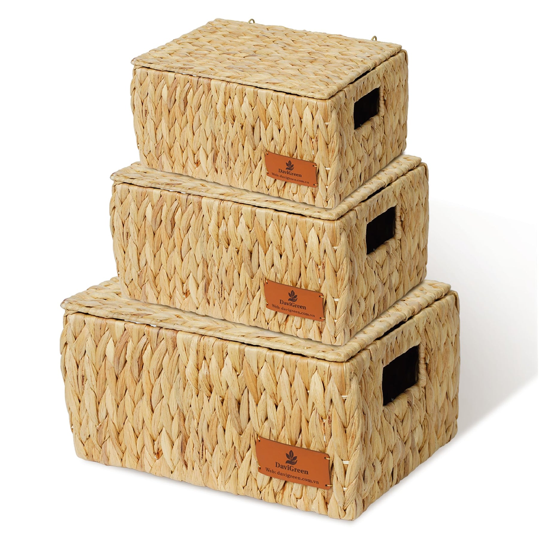 Woven Water Hyacinth Storage Baskets with Lids – 3 Piece Set