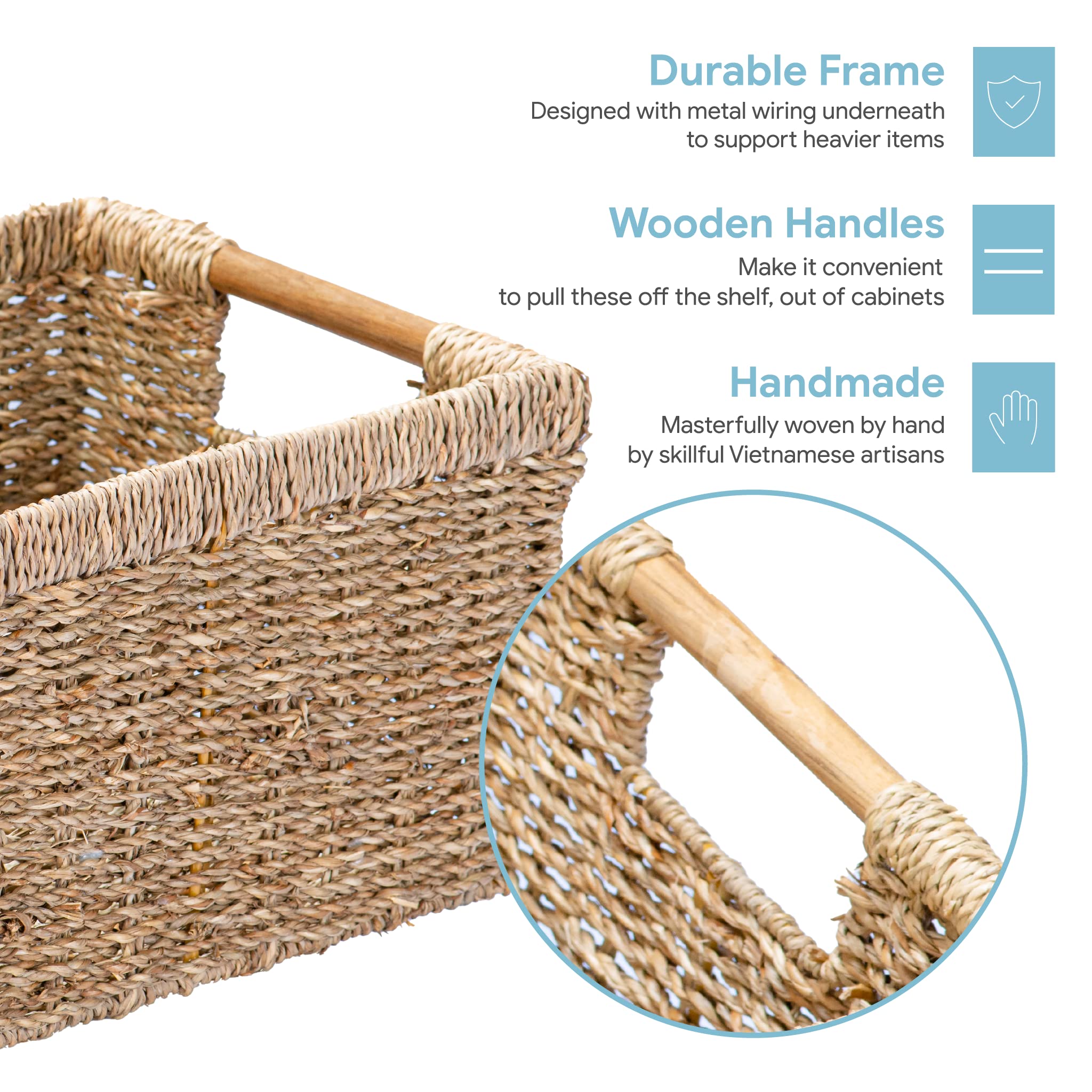 Woven Water Hyacinth Storage Basket with Wooden Handles