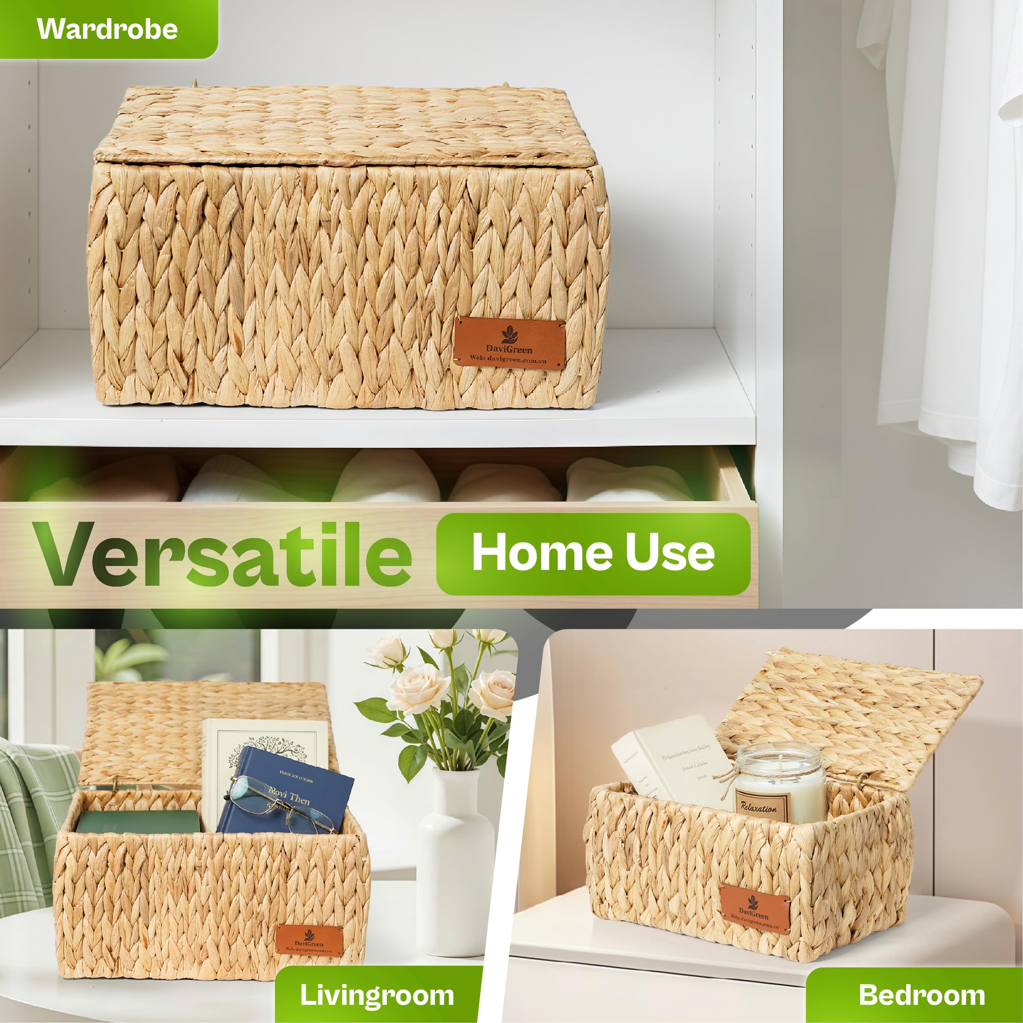 Woven Water Hyacinth Storage Baskets with Lids – 3 Piece Set