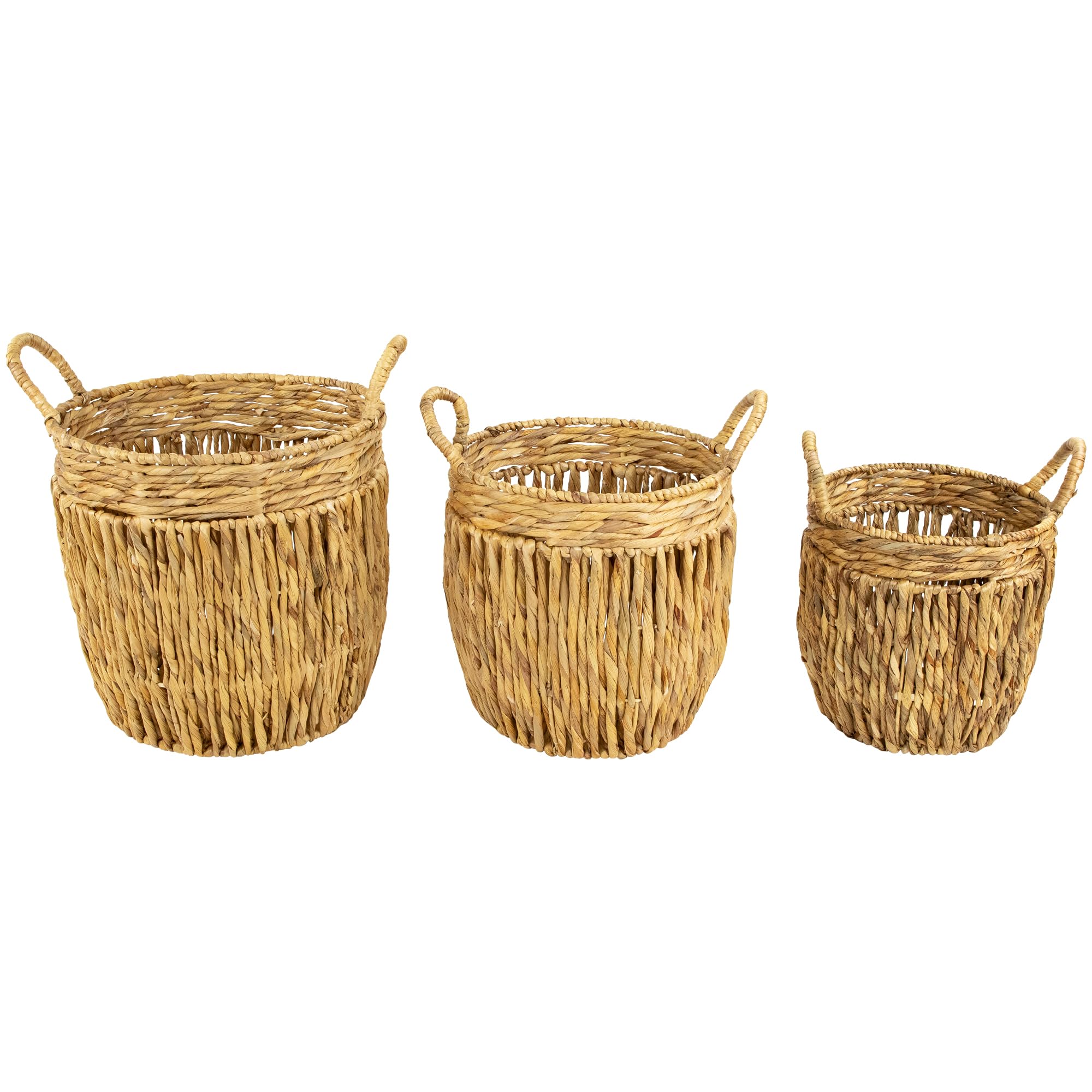 Set of 3 Textured Woven Water Hyacinth Rustic Storage Baskets with Handles 15.75"