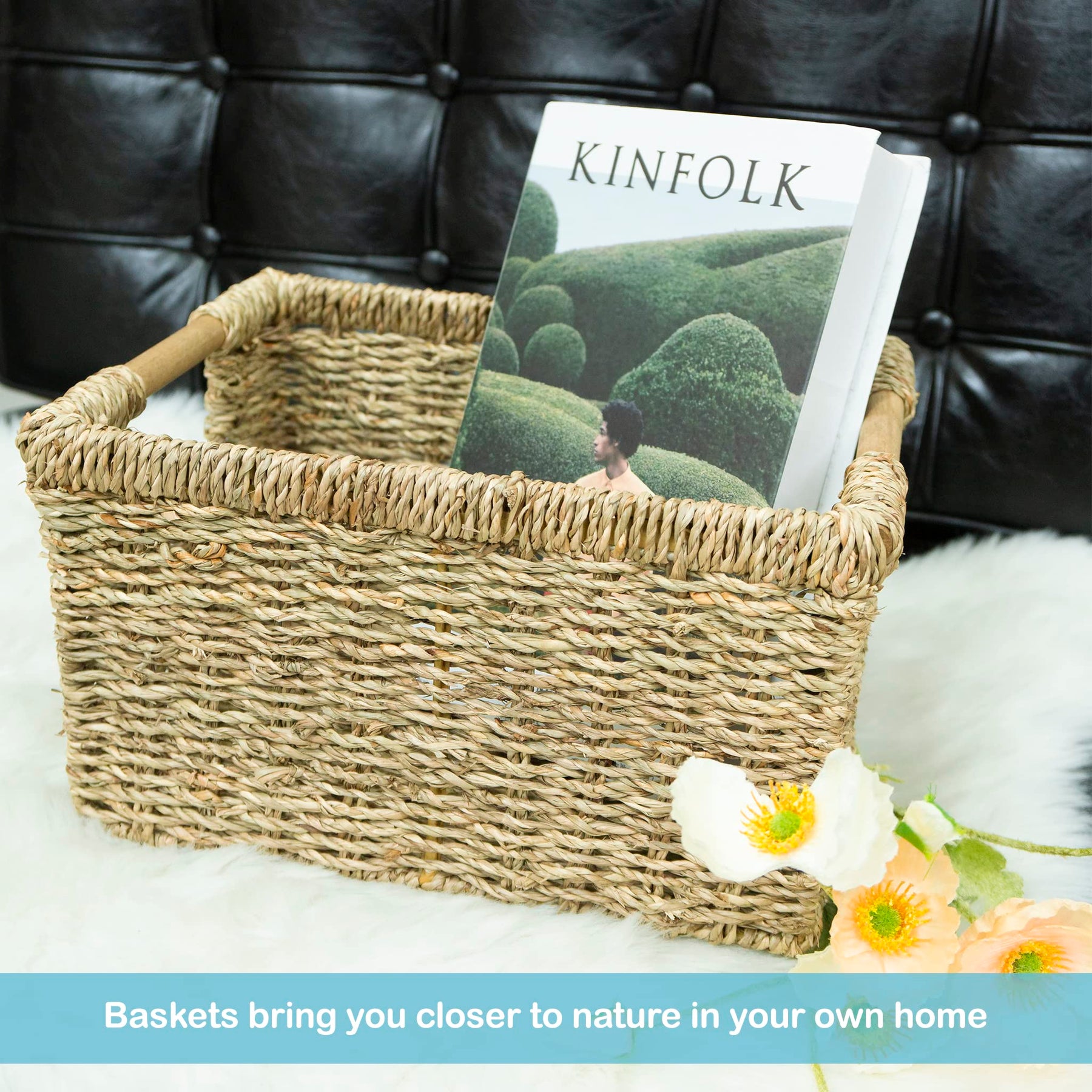 Woven Water Hyacinth Storage Basket with Wooden Handles