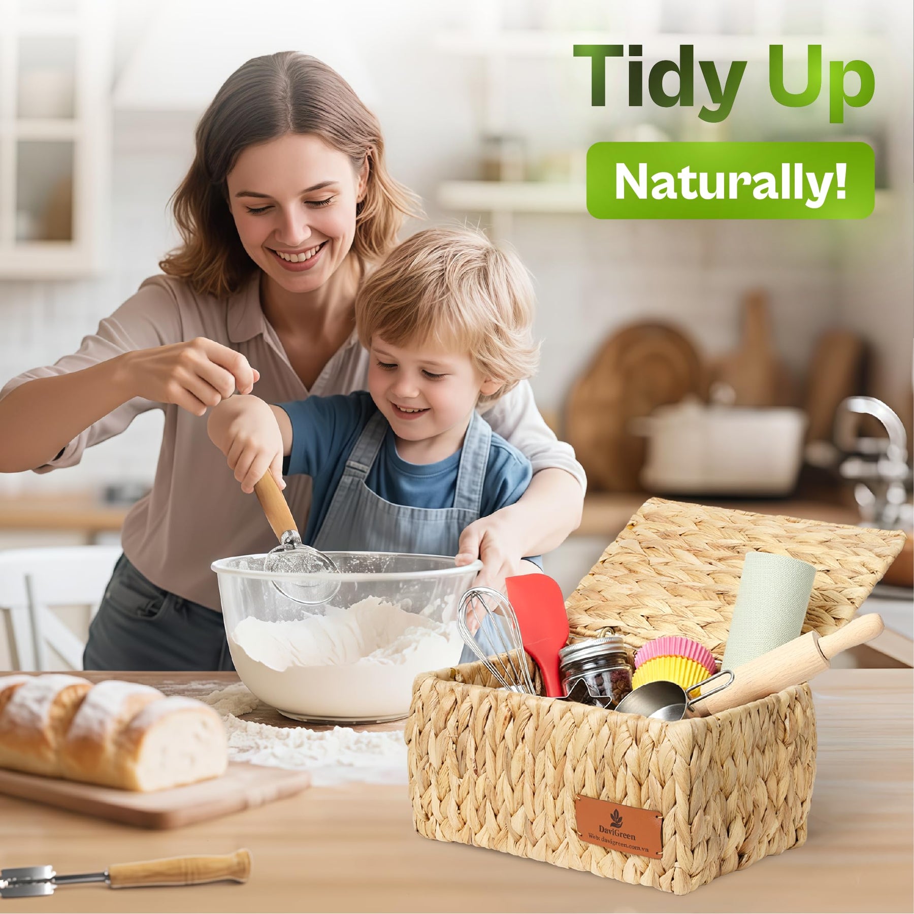 Woven Water Hyacinth Storage Baskets with Lids – 3 Piece Set